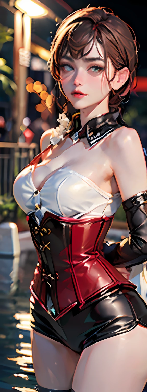 Rubber, Red Corset, Red Collar, ((Top Quality, Masterpiece: 1.3)), Beautiful Woman with Perfect Figure: 1.4, Glamorous Figure, Overflowing Breasts, Tightly Squeezed Waist, (Seductive Buttocks), Wet Body: 1.5, Very Detailed Face and Skin Texture, Detailed Eyes, (photorealistic:1.4), bokeh, 8k, Best quality, masterpiece