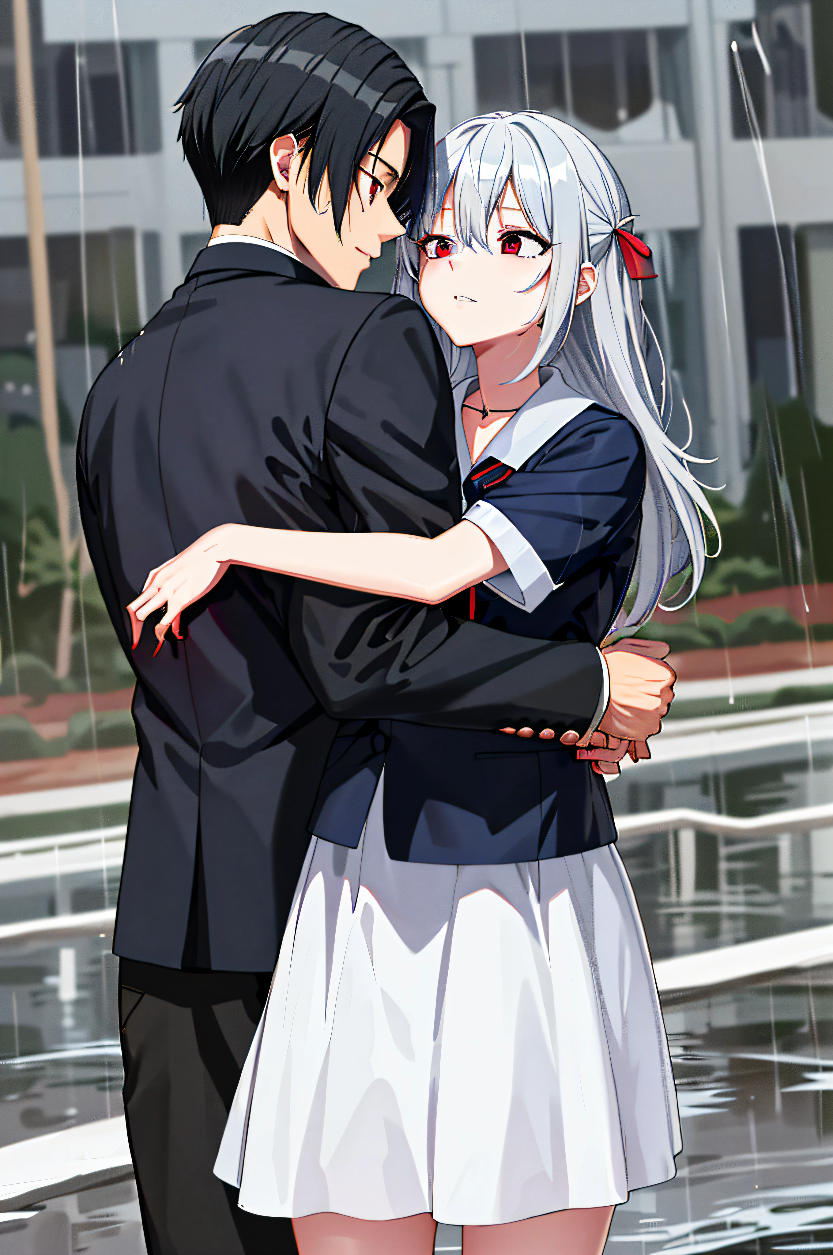 (masterpiece), (best quality), highres, ((((1girl she has gray hair with blue eyes and 1boy he has short black hair with red eyes who are classmates))))), ((((They have different hair colors and eyes do not confuse)))), (draws Kei and kiyotaka ayanokoji looking at each other), (2schoolmates who are Kei and kiyotaka ayanokoji looking at each other),  (kei1), (1girl), solo, ((((she has blue eyes)))), (she has long hair), (she wears a school uniform), ((she has ribbon)), ((she has bangs)), collarbone, she has gray hair, (she has black hair band), she has neck ribbon, hair between her eyes, she has medium breasts, cowboy shot, she is looking seriously at kiyotaka ayanokoji,  anatomically correct whole body, is standing in the street with rain falling, this with a sad and worried face, full stubborn detached, (1boy), (kiyotaka ayanokoji), 15 year old, school uniform white shirt black jacket open jacket red tie long black pants sitting, (((((he has red eyes))))), ((he has short black hair)), whole body anatomically correct, he has a necklace of jesus around his neck,  normal legs, wears black shoes, (he's looking at Kei1 or the girl), ((he's in front of kei wanting to give her his black jacket so she doesn't get wet so much)) , is facing Kei, (emotional scene), (mysterious), (detailed full escenario), (((((They're soaking with a lot of passion and hugging))))), ((((They're being wet by the rain along with their clothes))))