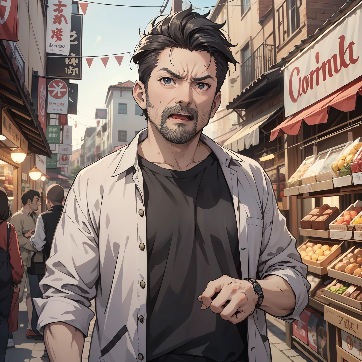 In the small town market, A bald man with short black hair、The gray shirt's middle-aged uncle in his 50s opened his mouth in horror in front of the camera,(Sweat 1.5)(Open your mouth and yell 1.5)(Fear 1.5)(Fright expression 1.5)(The background is in the town's bazaar)Anime style 4 K,Anime rendering,style of anime。8K,Upper body display 1.5)(Cinematic lighting 1.5)(Upper body display 1.3)(Middle-aged uncle 1.5)(Vicissitudes 1.5