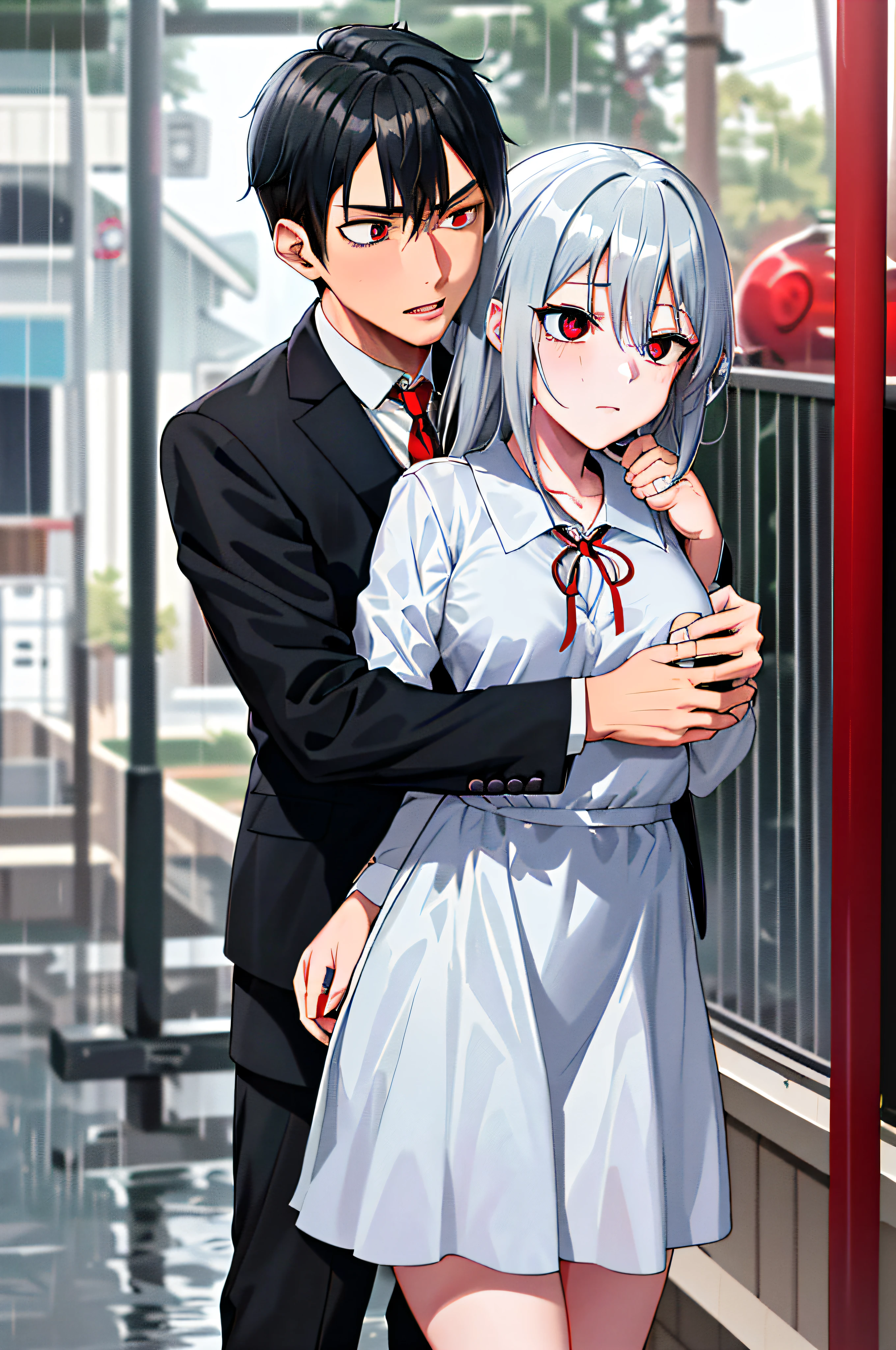 (masterpiece), (best quality), highres, ((((1girl she has gray hair with blue eyes and 1boy he has short black hair with red eyes who are classmates))))), ((((They have different hair colors and eyes do not confuse)))), (draws Kei and kiyotaka ayanokoji looking at each other), (2schoolmates who are Kei and kiyotaka ayanokoji looking at each other),  (kei1), (1girl), solo, ((((she has blue eyes)))), (she has long hair), (she wears a school uniform), (she has ribbon), (she has bangs), collarbone, she has gray hair, she has black hair band, she has neck ribbon, hair between her eyes, she has medium breasts, cowboy shot, she is looking seriously at kiyotaka ayanokoji,  anatomically correct whole body, is standing in the street with rain falling, this with a sad and worried face, full stubborn detached, (1boy), (kiyotaka ayanokoji), , school uniform white shirt black jacket open jacket red tie long black pants sitting, (((((he has red eyes))))), ((he has short black hair)), whole body anatomically correct, he has a necklace of jesus around his neck,  normal legs, wears black shoes, (he's looking at Kei1 or the girl), ((he's in front of kei wanting to give her his black jacket so she doesn't get wet so much)) , is facing Kei, (emotional scene), (mysterious), (detailed full escenario), (((((They're soaking with a lot of passion and hugging))))), ((((They're being wet by the rain along with their clothes)))),  ((Their bodies are anatomically correct and detailed without error))