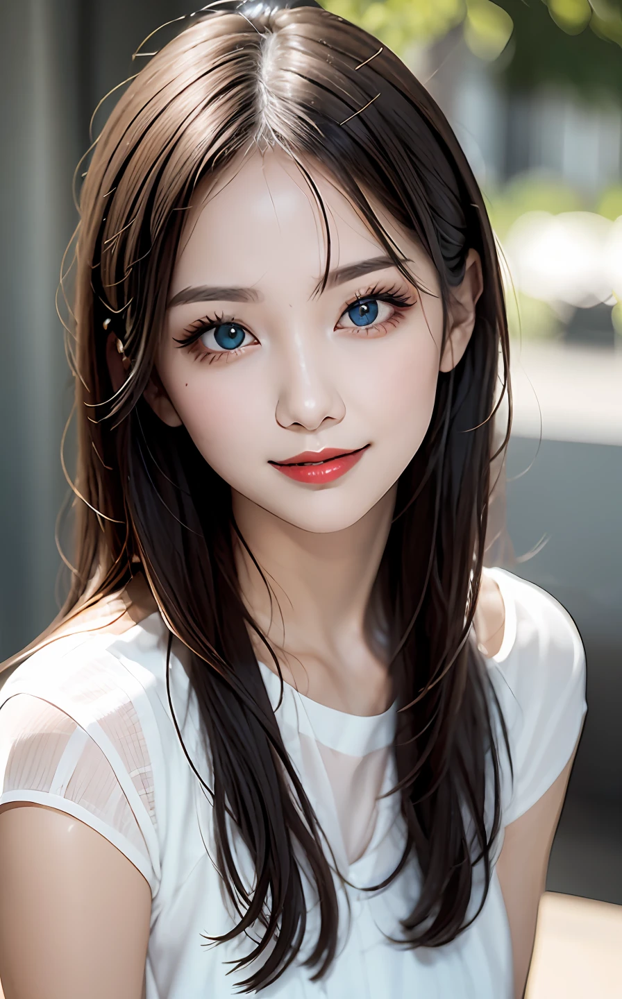 of the best quality，UltraHighResolution，（真实感：1.4），（beautyful girl：1.4），（mediuml breasts：0.8），Looking_au_Os espectadores，Detailed facial details，Beautiful detailed eyes，purple color  hair，Blue eyes，Slim，haunting smile，（Makeup：0.3），red-lips，Very meticulous clothes，（ulzang-6500-v1.1：0.3）