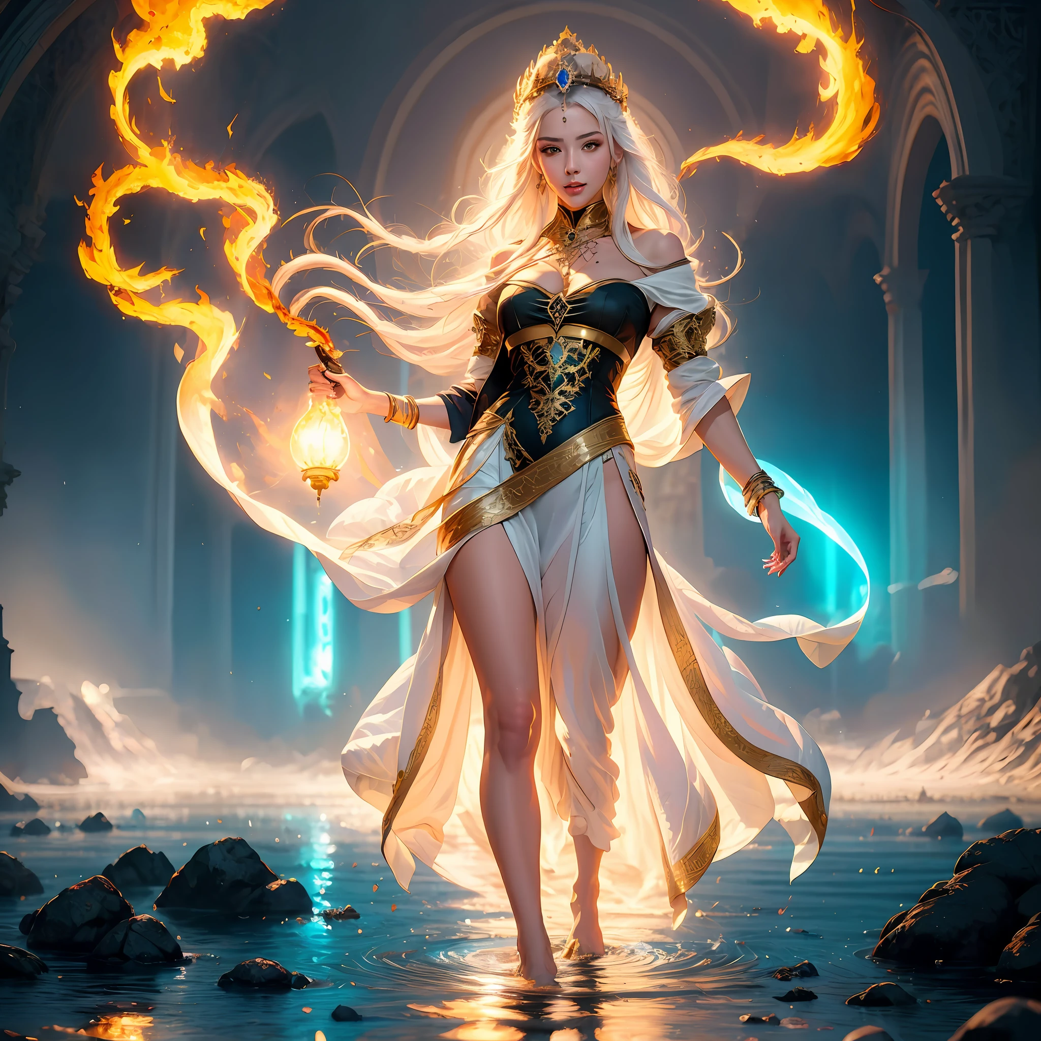 A woman in bizarre costume holding a fiery wand，Full close-up, Standing barefoot in a disc on the water，A ring of fire around，The background is in the mysterious palace，Tall buildings，Unusually towering，Mysterious light，Mysterious atmosphere，oil lamp，Red flames behind him，Art germ on ArtStation Pixiv, Goddess of Light, IG model | Art germ, anime goddess, beautiful celestial mage, white haired deity, cushart krenz key art feminine, a beautiful fantasy empress, concept arts | Art germ, Artgerm style