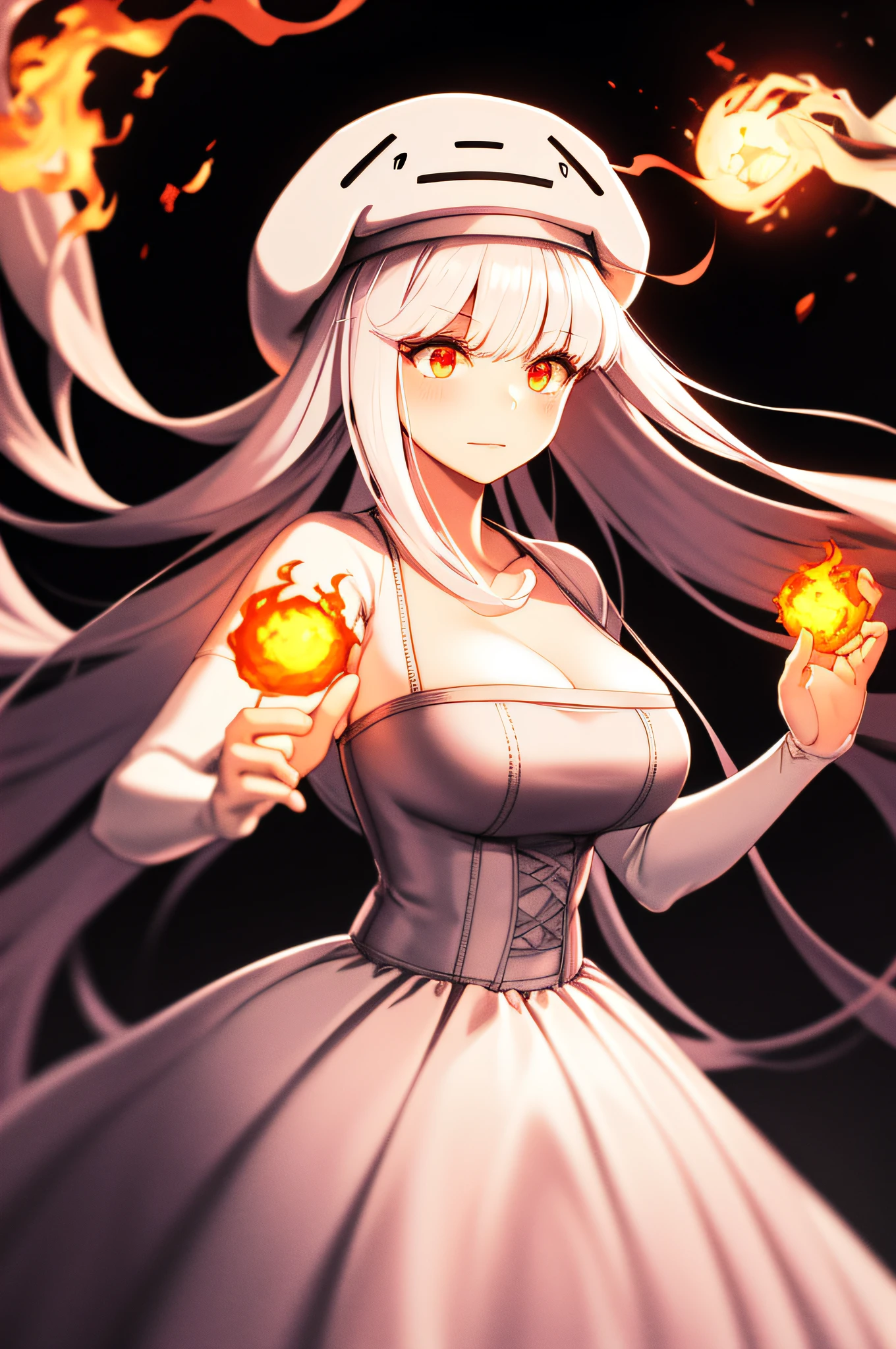 Highly detailed, High Quality, Masterpiece, beautiful, Ghast-chan, dress, white dress, solo, 1girl, lava, molten lava, cowboy shot, detailed background, human on fire, red fire, Fireball about to be released, Surrounded by flames,