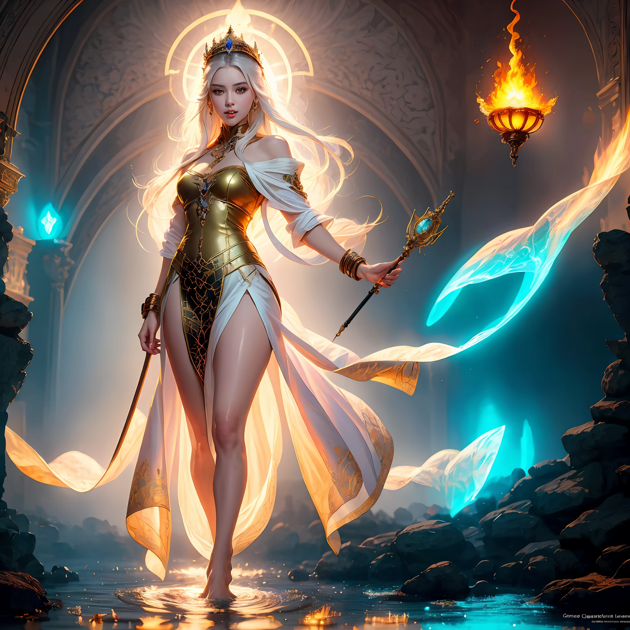 A woman in bizarre costume holding a fiery wand，Full close-up, Standing barefoot in a disc on the water，A ring of fire around，The background is in the mysterious palace，Tall buildings，Unusually towering，Mysterious light，Mysterious atmosphere，oil lamp，Red flames behind him，Art germ on ArtStation Pixiv, Goddess of Light, IG model | Art germ, anime goddess, beautiful celestial mage, white haired deity, cushart krenz key art feminine, a beautiful fantasy empress, concept arts | Art germ, Artgerm style