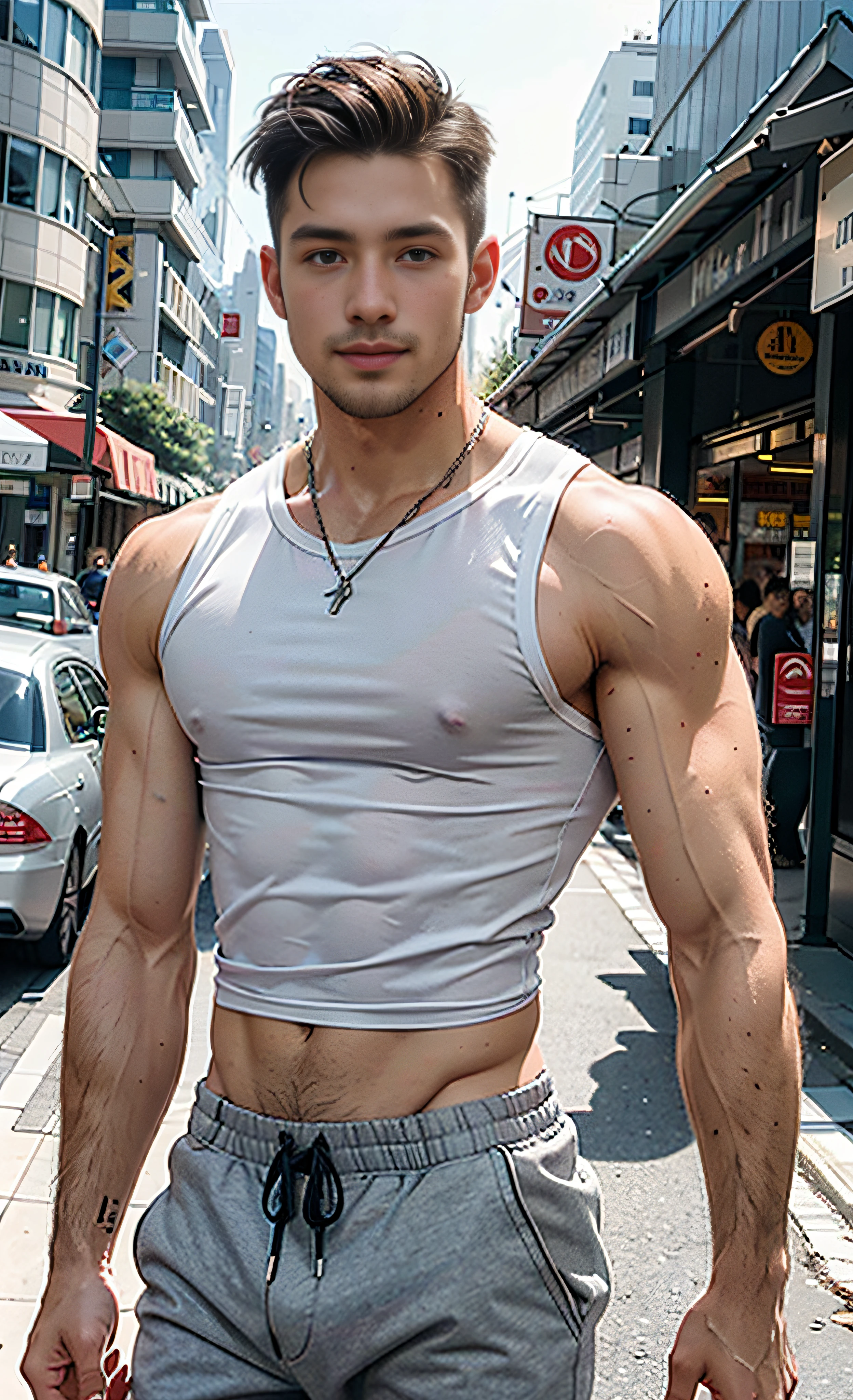 (best quality) 1 boy, muscular handsome model, caucasian, tall, veiny, ripped, physique, aesthetic, wearing a white tank top and grey sweatpants, busy street background, shallow depth of field, smiling, skin details, skin texture, bokeh, 35mm lens, perfect portrait, perfect anatomy, best proportions, highlight the abs, vline, biceps, pecs, light beard, glossy gray eyes, full body shot, photoshoot, analog, dramatic lighting, cinematography, centered, natural pose, accurate clothing, looking at the camera, front lighting