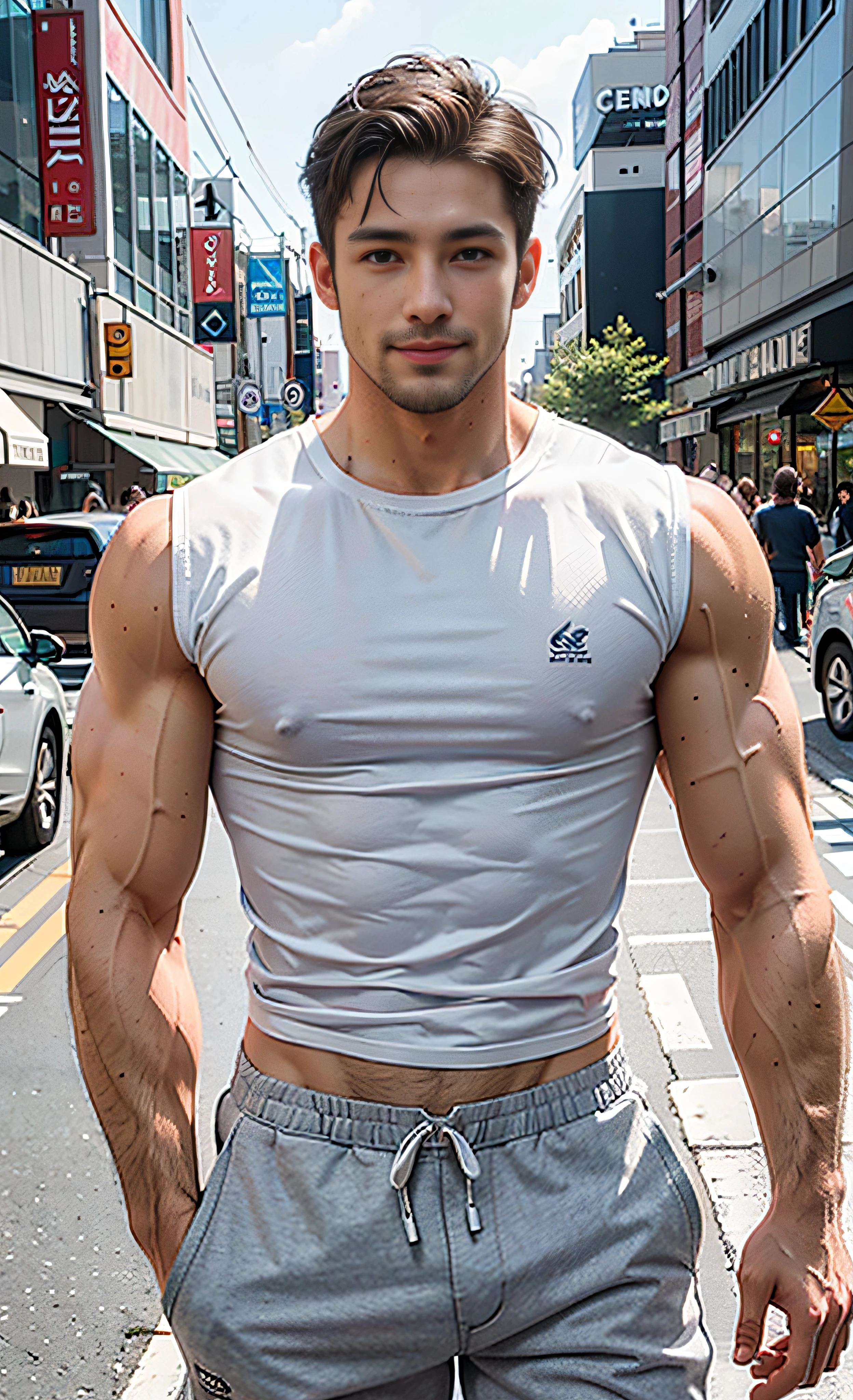 (best quality) 1 boy, muscular handsome model, caucasian, tall, veiny, ripped, physique, aesthetic, wearing a white tank top and grey sweatpants, busy street background, shallow depth of field, smiling, skin details, skin texture, bokeh, 35mm lens, perfect portrait, perfect anatomy, best proportions, highlight the abs, vline, biceps, pecs, light beard, glossy gray eyes, full body shot, photoshoot, analog, dramatic lighting, cinematography, centered, natural pose, accurate clothing, looking at the camera, front lighting