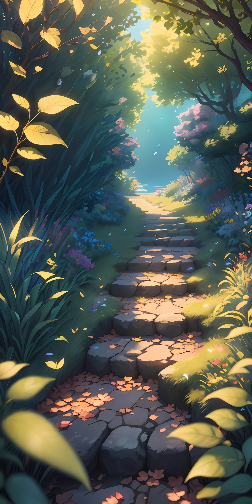 Masterpiece, best quality, (very detailed CG unity 8k wallpaper) (best quality), (best illustration), (best shadows) Nature', blue sea,delicate leaves petals of various colors falling in the air light Tracking, super detailed --v6
