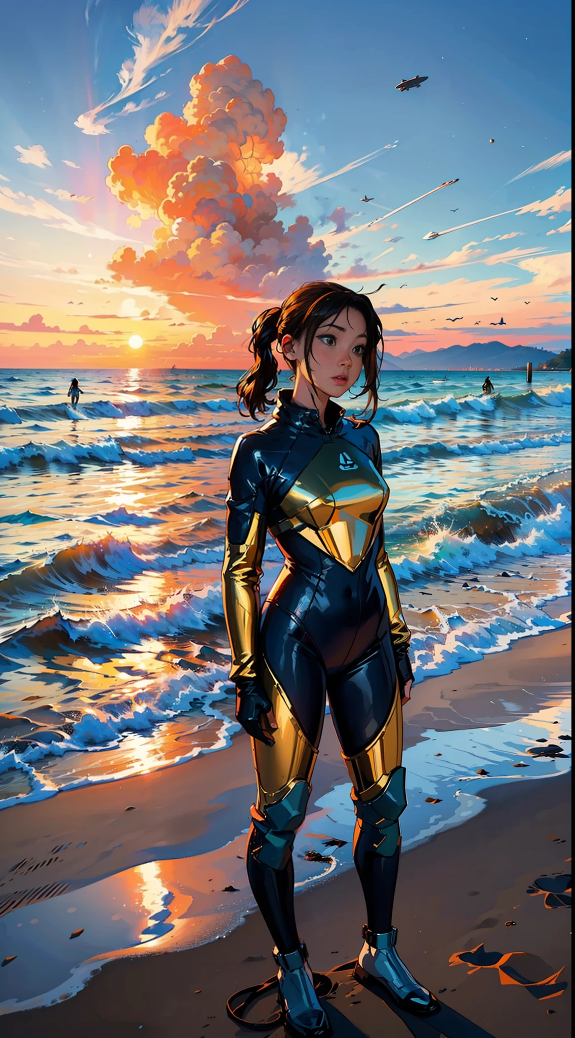 ((woman standing on the beach)), detailed anime face, mid shot, (chrome golden and blue sci-fi space suit), brown hair, (white clouds), sunset, ships far away in ocean