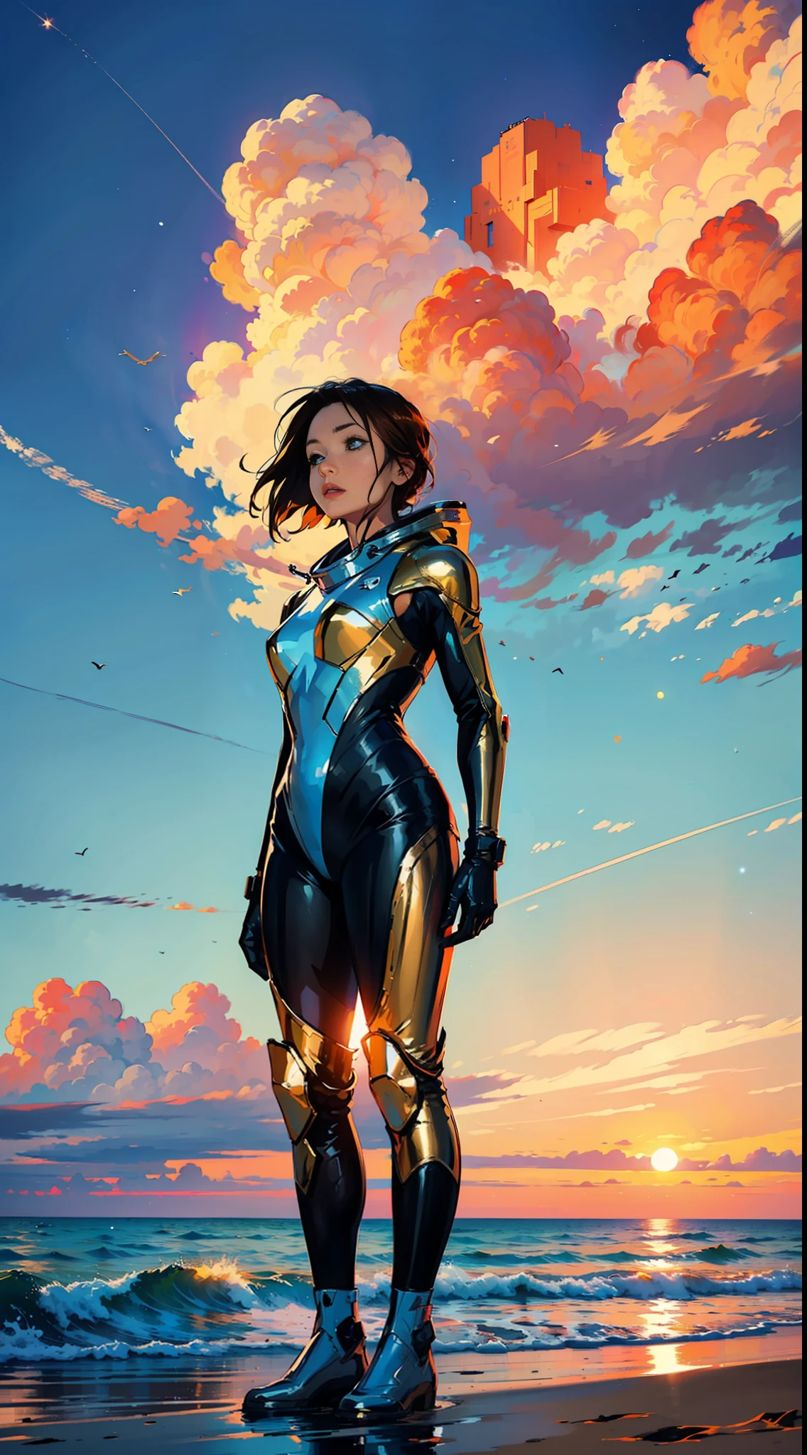 ((woman standing on the beach)), detailed anime face, mid shot, (chrome golden and blue sci-fi space suit), brown hair, (white clouds), sunset, ships far away in ocean