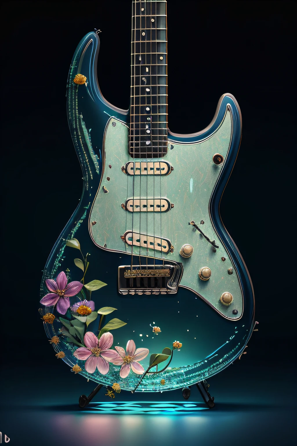masterpiece of glass guitar with plants inside, water, glowing, flowers, high quality, high detail, best quality, rtx, 4k, 8k,