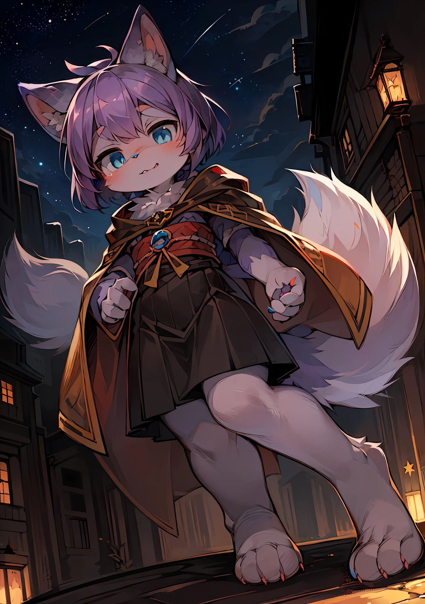 (enviroment:0.8),masterpiece,high quality,abstract res,digital painting\(artwork\), by dagasi, yupa,kiyosan,(anthro,fluffy fur,character focus:1.1),anthro male cat,short hair,portrait , Bright eye, the panorama, Character focus.(detailedbackground:0.7), shaggy, Furry female, female focus, anthr,(Full Body Furry, Fluffy tail, Gray-purple fur, Blue eyes, Dark gray-purple hair:1.2), (long canines、Star Cloak:1.2)