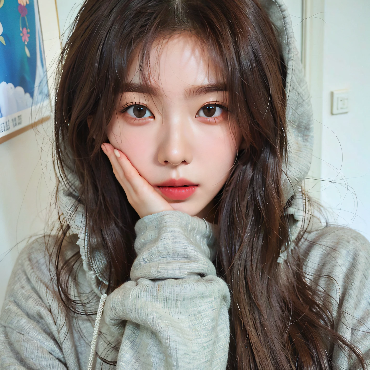 arafed woman with long brown hair and a hoodie posing for a picture, Urzan, young adorable korean face, Korean girl, 🤤 girl portrait, wan adorable korean face, girl cute-fine-face, girl wearing hoodie, Popular Korean makeup, young cute wan asian face, brown hair,Hair bangs, kim doyoung, Popular Korean makeup