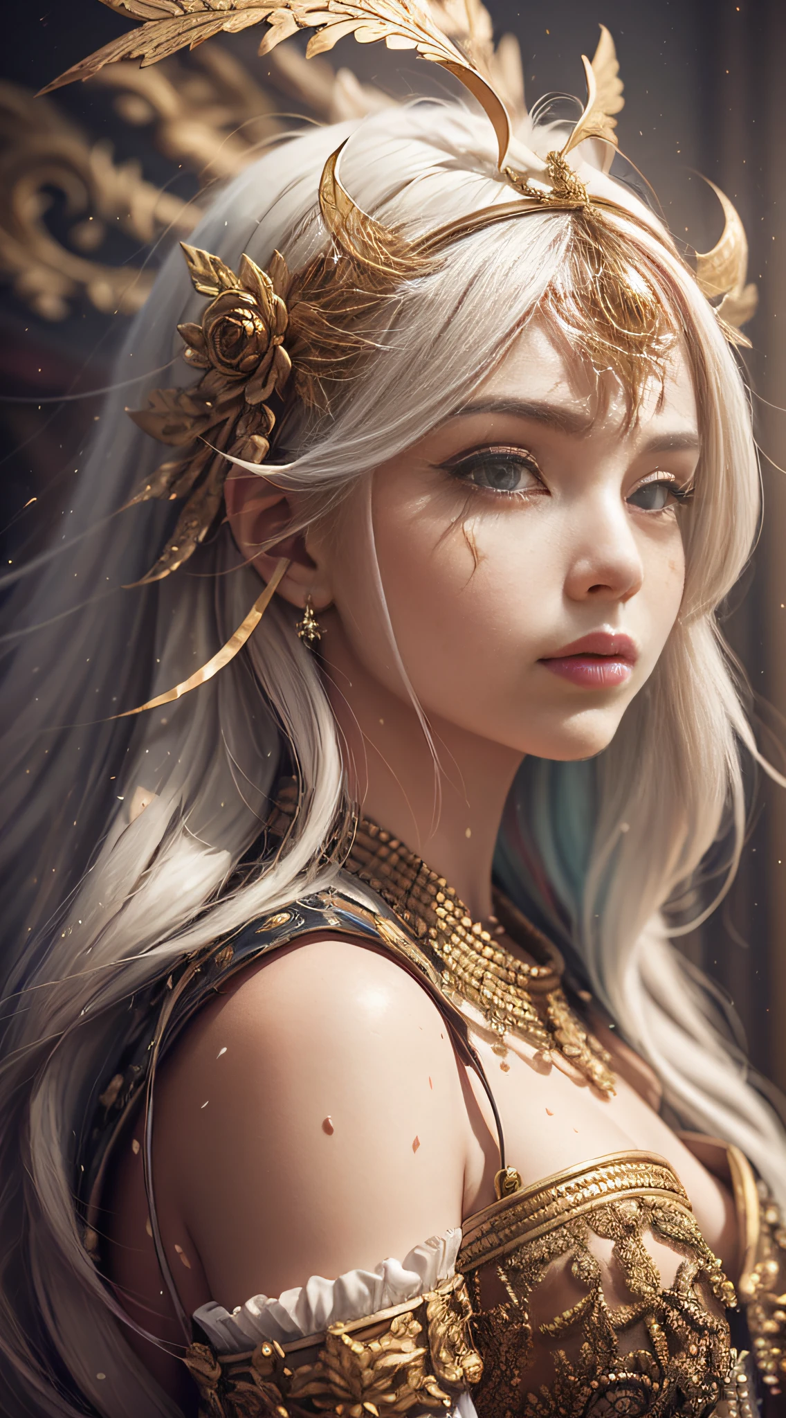 (Masterpiece:1.2), best quality, (illustration:1.2), ornate decorations,(Masterfully crafted Glow, lens flare), (ultra-detailed), hyper details, (delicate detailed), (intricate details), (cinematic light, best quality Backlights),(bioluminescent hair), (glowing eyes), (Dynamic:1.2), ((makeup)), absolutely eye-catching, prehistoric,((colourful paint splashes on background, dulux,)), ((caustic)), dynamic angle, (Captivating),(Intricately Detailed Cinematic :1.1), ambient occlusion, ambient light, ray-traced reflections,(best illumination, an extremely delicate and beautiful), ((cinematic light)), colourful, powerful, (Cinematic masterpiece),big dreamy eyes, perfect proportions, perfectly drawn face, Albedo, white hair, chains, comfortable, Intense, day, Golden sky, Inticing, illustration, Angels everywhere, yellow eyes, red roses, chains, splashes of colour, smooth soft skin, Golden Hour, atmospheric, Park, Fields, Bullets, Breath-taking, ambient light coming from sky, soft warm glow coming from chains, god rays, halo, beautiful intricate coloured hair, symmetrical, soft lighting, , concept art, digital painting, looking into scenery, realistic reflections, tracers everywhere