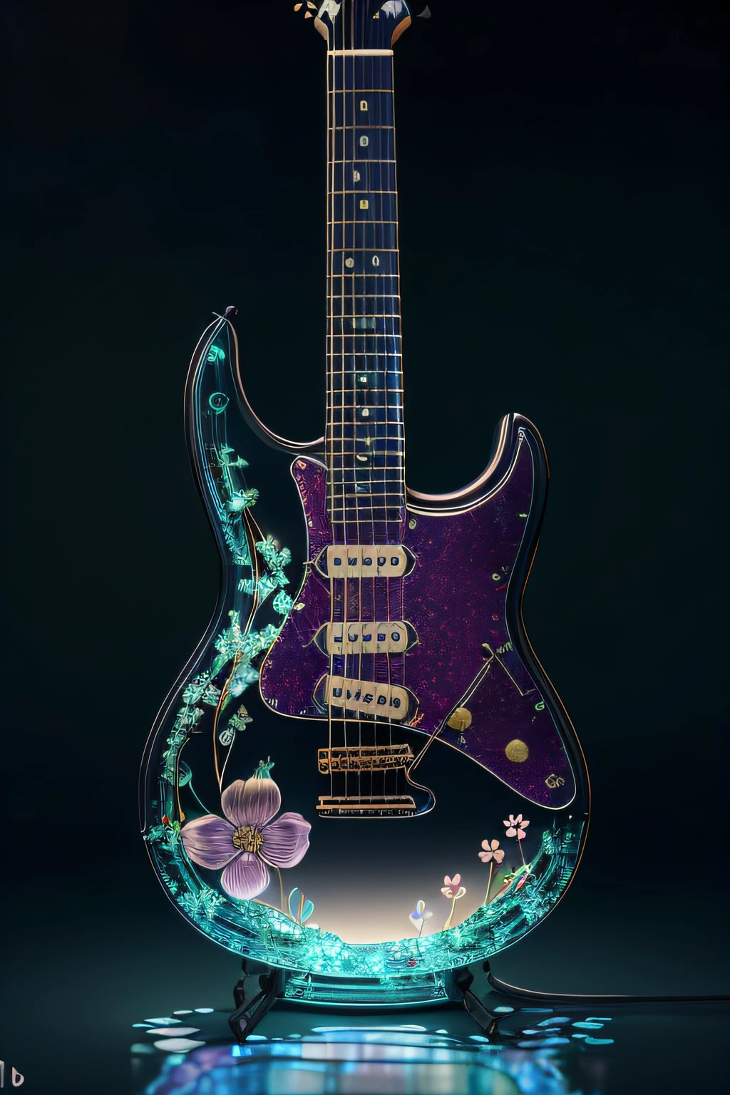 masterpiece of glass guitar with plants inside, water, glowing, flowers, high quality, high detail, best quality, rtx, 4k, 8k,