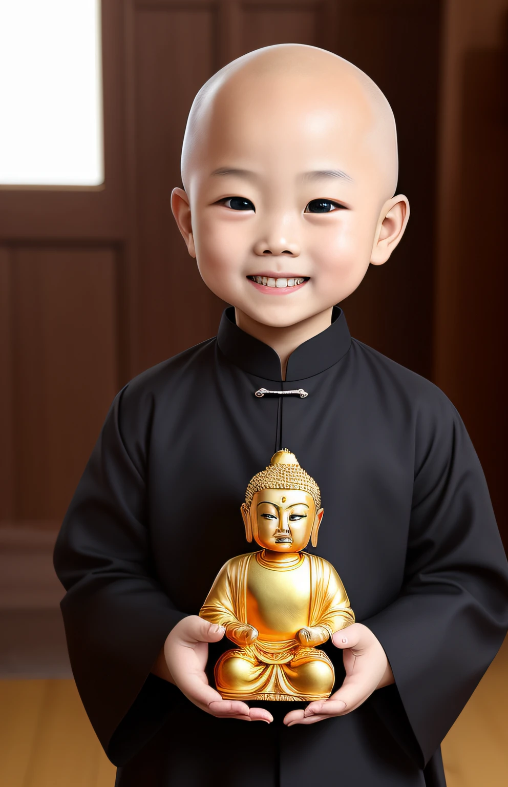 (nmasterpiece), (need), (ultra fine), (s whole body:1.2), A -year-littlonk,The round face has big eyes,His nose was slightly upturned,There is always a sweet smile on the mouth,It looks very cute。 The little monk wears a loose cassock,It is embroidered with a golden Buddha image and scriptures The little monk is bald,It seems particularly spiritual。 He did it there,Fold your hands,With a smile,As if silently praying。The whole person looks cute,People can't help but want to hug him。extreme wide angle, 8K, high-definition, extremely lifelike