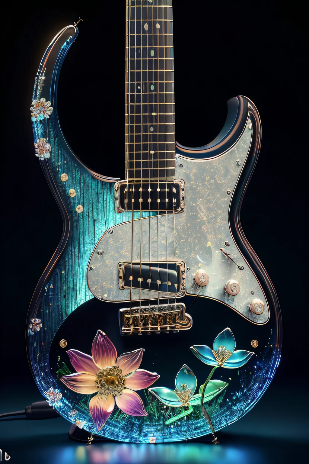 masterpiece of glass guitar with plants inside, water, glowing, flowers, high quality, high detail, best quality, rtx, 4k, 8k,