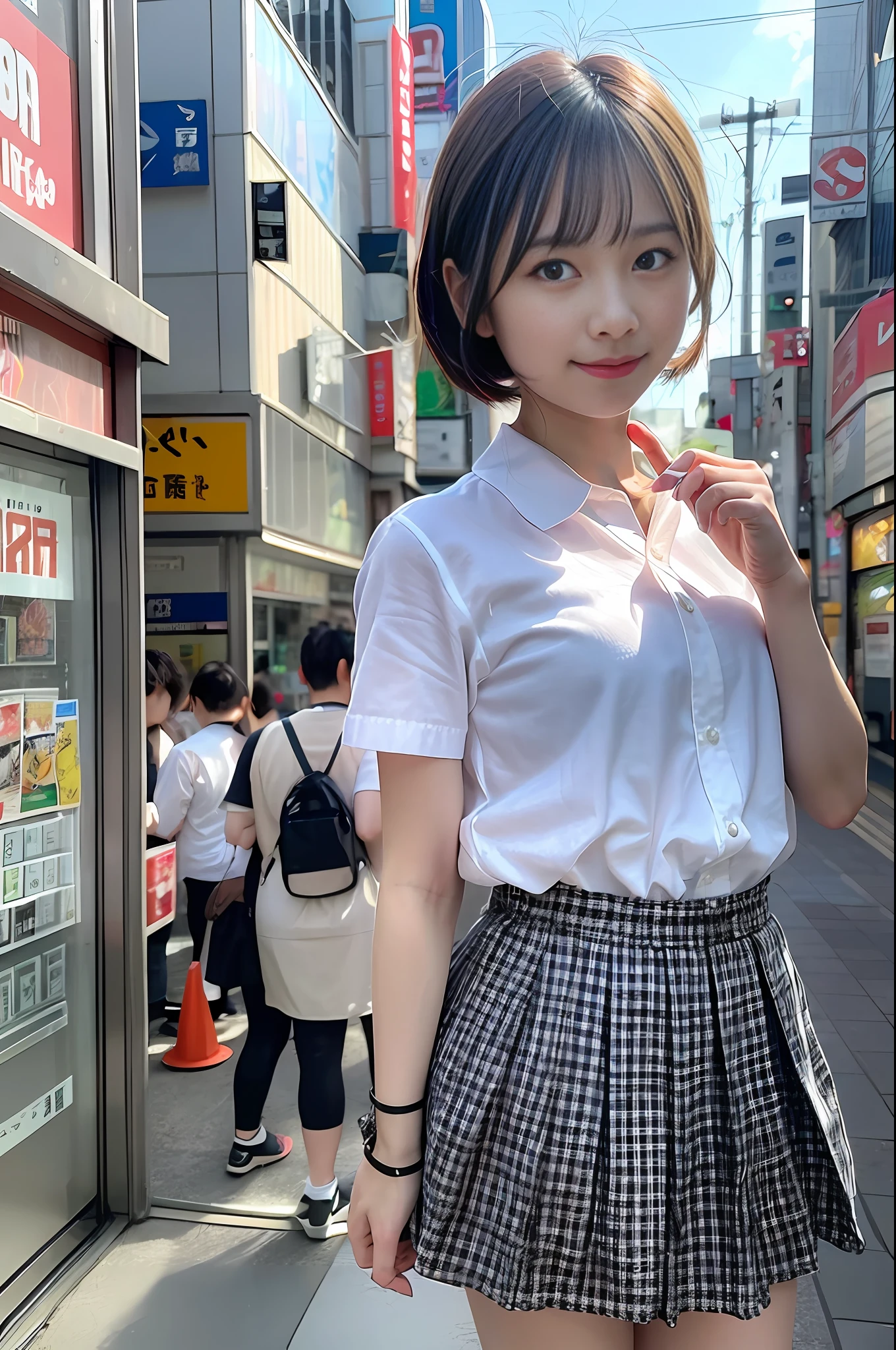 Ultra top quality, masterpiece, ultra high resolution, (photorealistic: 1.4), highly detailed CG Unity 8k wallpaper, detailed and complex, original, high resolution, raw photos, (perfect body shape), finely complex, DSLR, soft lighting, high quality, film grain, depth of field, Leica camera, 50mm lens, backlight, HDR, hyperrealistic, color grade, dynamic pose, portrait, Japan person, smile, lips, short hair, bangs, (crowded Akihabara: 1.2), front view viewer, natural light, girl, 20 years old, full body, solo, student, high school, uniform, sailor color, bobby socks, pleated skirt, daytime, street, deep shadow, cute, beauty, modest, cold light 12000K\\ street, store state, Akihabara, Shinjuku, Shibuya, Ikebukuro, detailed realism, skin texture, super detailed, realistic skin texture, (dramatic, award-winning photos, incredible masterpieces: 1.3)