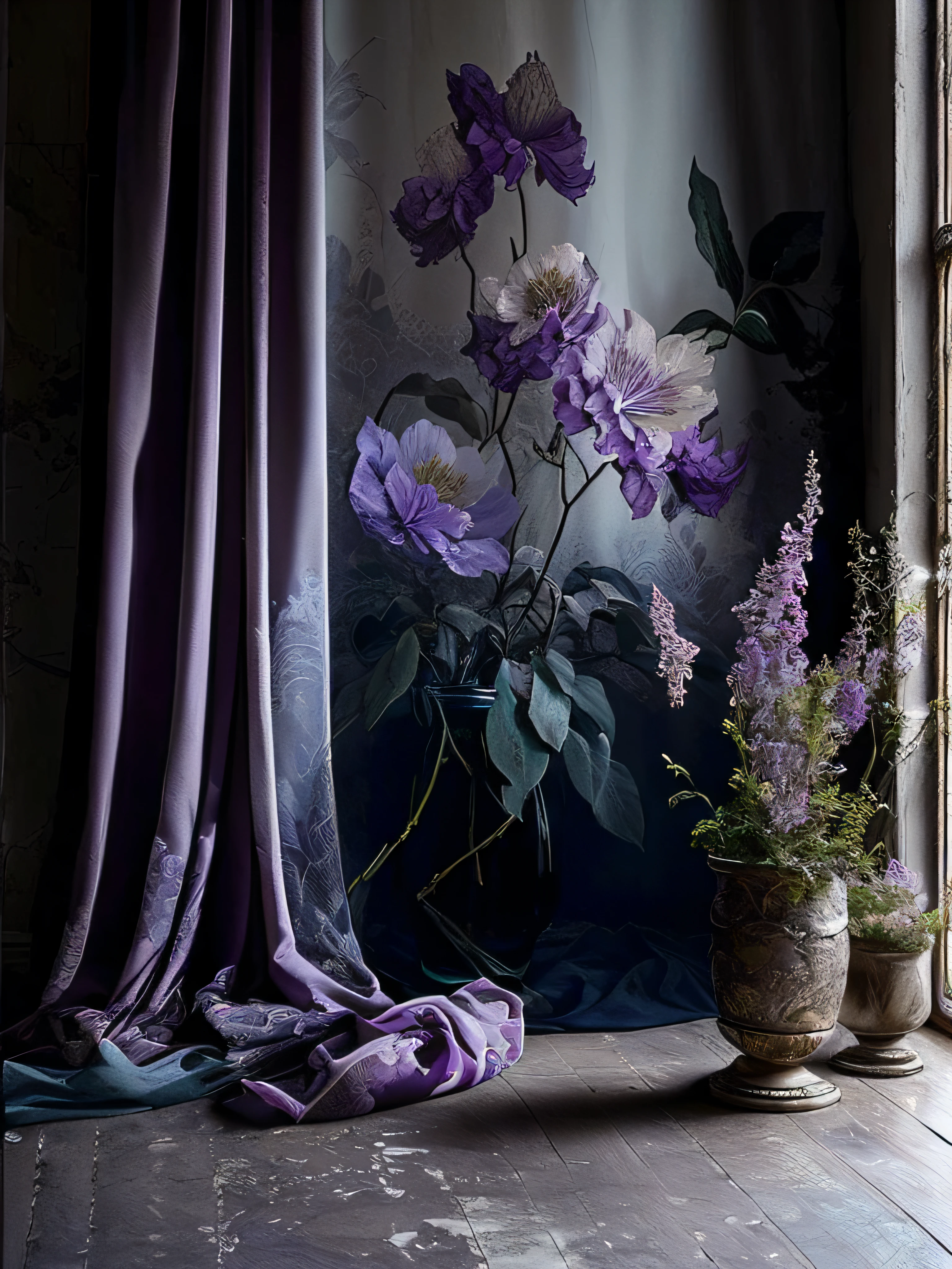 purple curtains in a room with a vase of flowers and a curtain, Envuelto en terciopelo y flores, atmospheric beautiful details, stunning arcanum backdrop, draped in purple, still life photo of a backdrop, Fondo pintado floral, inspiration, hermosas cortinas, purple drapery, nature and floral aesthetics, por Hermione Hammond, purple hues, clematis design