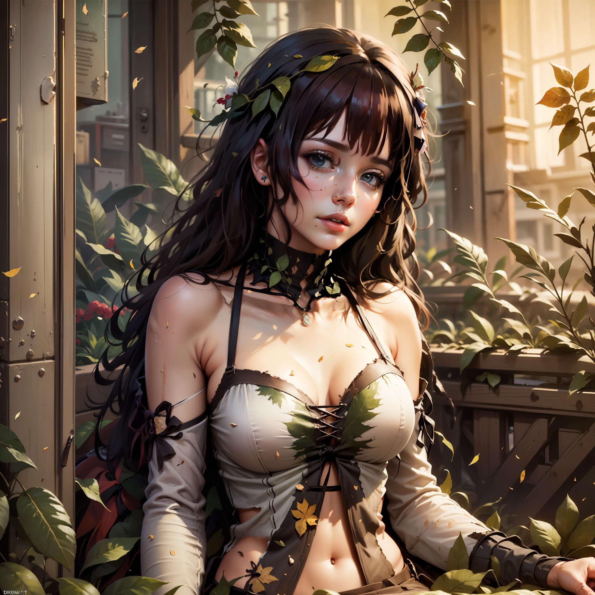 (best quality:1.33), (masterpiece:1.42), (realistic:1.24), (detailed:1.15), 1girl, wearing sext torn outfit made of leaves, dreamy, coming out of mud