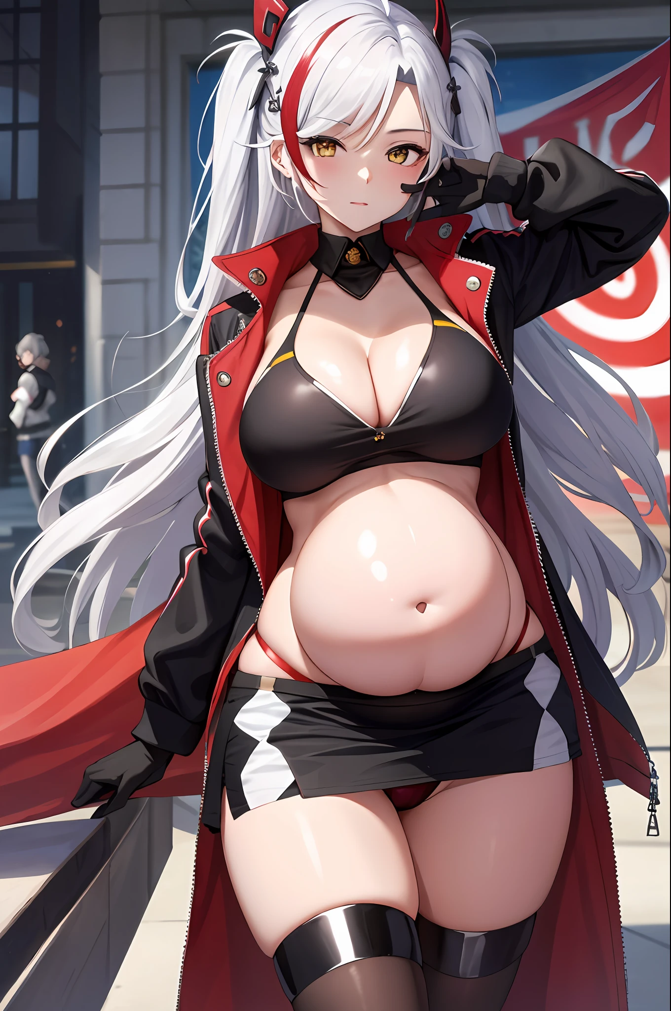 nmasterpiece， of the best quality， PrinzV4， 1girls， 独奏， long haired， cleavage of the breast， looking at the spectator， skirts，Large Big breast， mitts， Belly button， Hold， jackets， Yellow eyes， White hair， red haired， O cabelo multicolorido， Open your clothes， Black gloves， Open jacket， Official alternative costumes， Striped hair， Black jacke， hand on hips， underboobs， headware， Banner， Red panties， Queen of the game， Hold the flag，pregnant women with