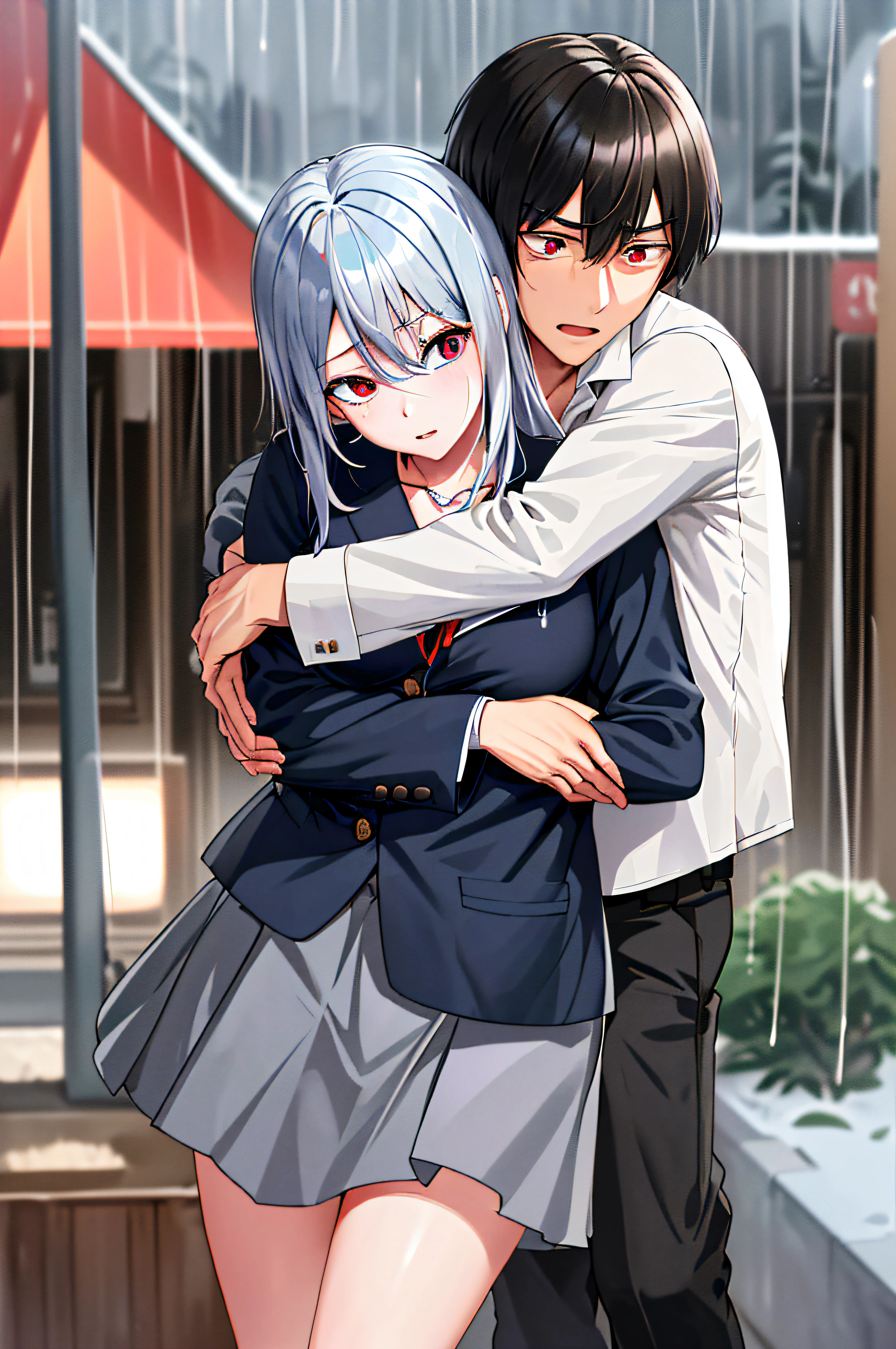 (masterpiece), (best quality), highres, ((((1girl she has gray hair with blue eyes and 1boy he has short black hair with red eyes who are classmates))))), ((((They have different hair colors and eyes do not confuse)))), (draws Kei and kiyotaka ayanokoji looking at each other), (2schoolmates who are Kei and kiyotaka ayanokoji looking at each other), (kei1), (1girl), solo, ((((she has blue eyes)))), (she has long hair), (she wears a school uniform), (she has ribbon), (she has bangs), collarbone, she has gray hair, she has black hair band, she has neck ribbon, hair between her eyes, she has medium breasts, cowboy shot, she is looking seriously at kiyotaka ayanokoji, anatomically correct whole body, is standing in the street with rain falling, this with a sad and worried face, full stubborn detached, (1boy), (kiyotaka ayanokoji), old, school uniform white shirt black jacket open jacket red tie long black pants sitting, (((((he has red eyes))))), ((he has short black hair)), whole body anatomically correct, he has a necklace of jesus around his neck, normal legs, wears black shoes, (he's looking at Kei1 or the girl), ((he's in front of kei wanting to give her his black jacket so she doesn't get wet so much)) , is facing Kei, (emotional scene), (mysterious), (detailed full escenario), (((((They're soaking with a lot of passion and hugging))))), ((((They're being wet by the rain along with their clothes))))