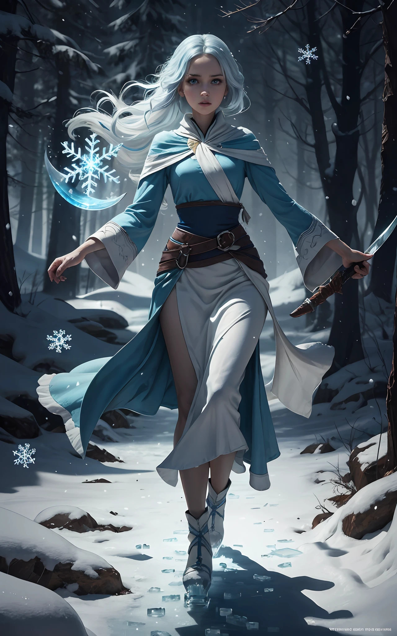 An outstanding beautiful girl painting, snowflakes, ice surrounding, ice peaks, ice spikes, ice magic messenger, ghost knife style, snow-like hair, long blue and white gradient hair, watery blue big eyes, thin waist, wide hips, mage robes, magic colors, Ultra HD, 8K, real skin texture, best light, best shadow, action, wizarding world, Prone view, small mouth, small nose, big eyes, cute, full body, perfect body proportions, enhanced contrast, void fragments