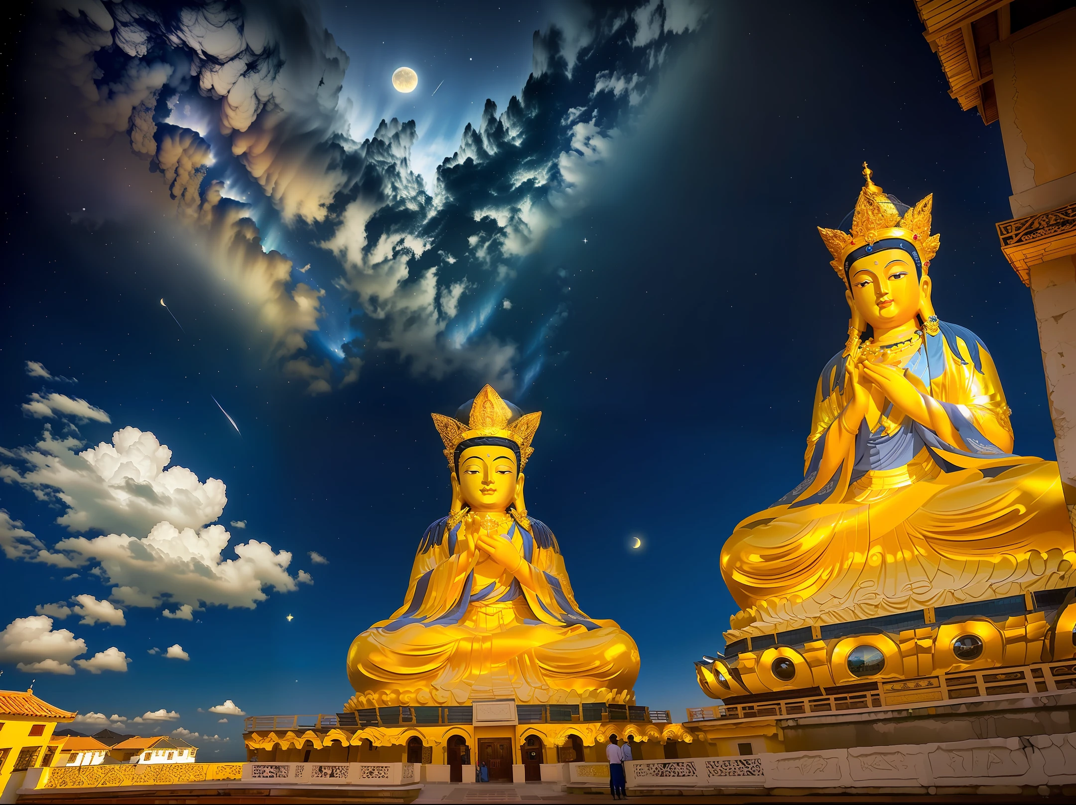 Montgomery burns the simpsons. Mila, Maitreya Bodhisattva, Maitreya, a large golden statue of Buddha sitting in a room with a blue ceiling and a background of blue sky with clouds, above_clouds, dirigible, aurora, puente, edificio, castillo, chimenea, ciudad, city_lights, paisaje urbano, reloj, clock_tower, nube, cloudy_sky, constellation, crescent_moon, desierto, earth_\(planeta\), fuegos artificiales, floating_island, fuente, galaxia, brillante, casa, isla, farola, linterna, light_particles, milky_way, luna, mountains, noche, night_sky, no_humans, planeta, paisaje, shooting_star, cielo, horizonte, rascacielo, nieve, nieve, espacio, star_\(cielo\), star_\(symbol\), starry_sky, starry_sky_print, telescopio, torre, ciudad, Duskfall, Runner