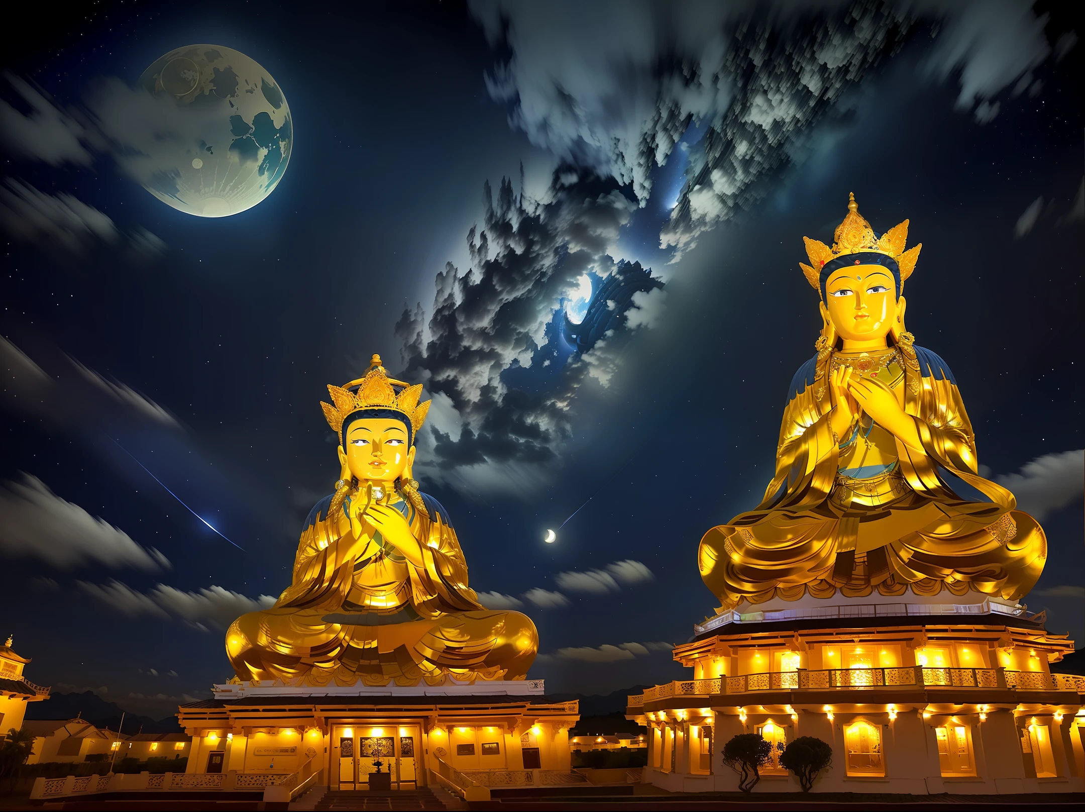 Montgomery burns the simpsons. Mila, Maitreya Bodhisattva, Maitreya, a large golden statue of Buddha sitting in a room with a blue ceiling and a background of blue sky with clouds, above_clouds, dirigible, aurora, puente, edificio, castillo, chimenea, ciudad, city_lights, paisaje urbano, reloj, clock_tower, nube, cloudy_sky, constellation, crescent_moon, desierto, earth_\(planeta\), fuegos artificiales, floating_island, fuente, galaxia, brillante, casa, isla,  farola, linterna, light_particles, milky_way, luna, mountains, noche, night_sky, no_humans, planeta, paisaje, shooting_star, cielo, horizonte, rascacielo, nieve, nieve, espacio, star_\(cielo\), star_\(symbol\), starry_sky, starry_sky_print, telescopio, torre, ciudad, Duskfall, Runner