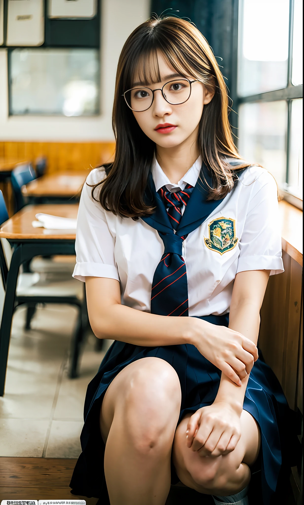 ulzzang-6500-v1.1, (Raw photo:1.2), (Photorealistic:1.4), Beautiful detailed girl, Very detailed eyes and face, Beautiful detailed eyes, Ridiculous, Incredibly ridiculous, Huge file size, Ultra detailed, High Definition, Very detailed, Best quality, Masterpiece, Kemomimi, ((Japan Girls' High School Uniform)), Illustration, Very detailed, CG, Unification, 8k wallpaper, amazing, fine detail, masterpiece, best quality, highly detailed cg uniform 8k wallpaper, face light, movie lighting, 1 girl, 16 years old, (without panties)), (with glasses), (dynamic pose))), (camel toe), (half), (bent knees and legs sitting))