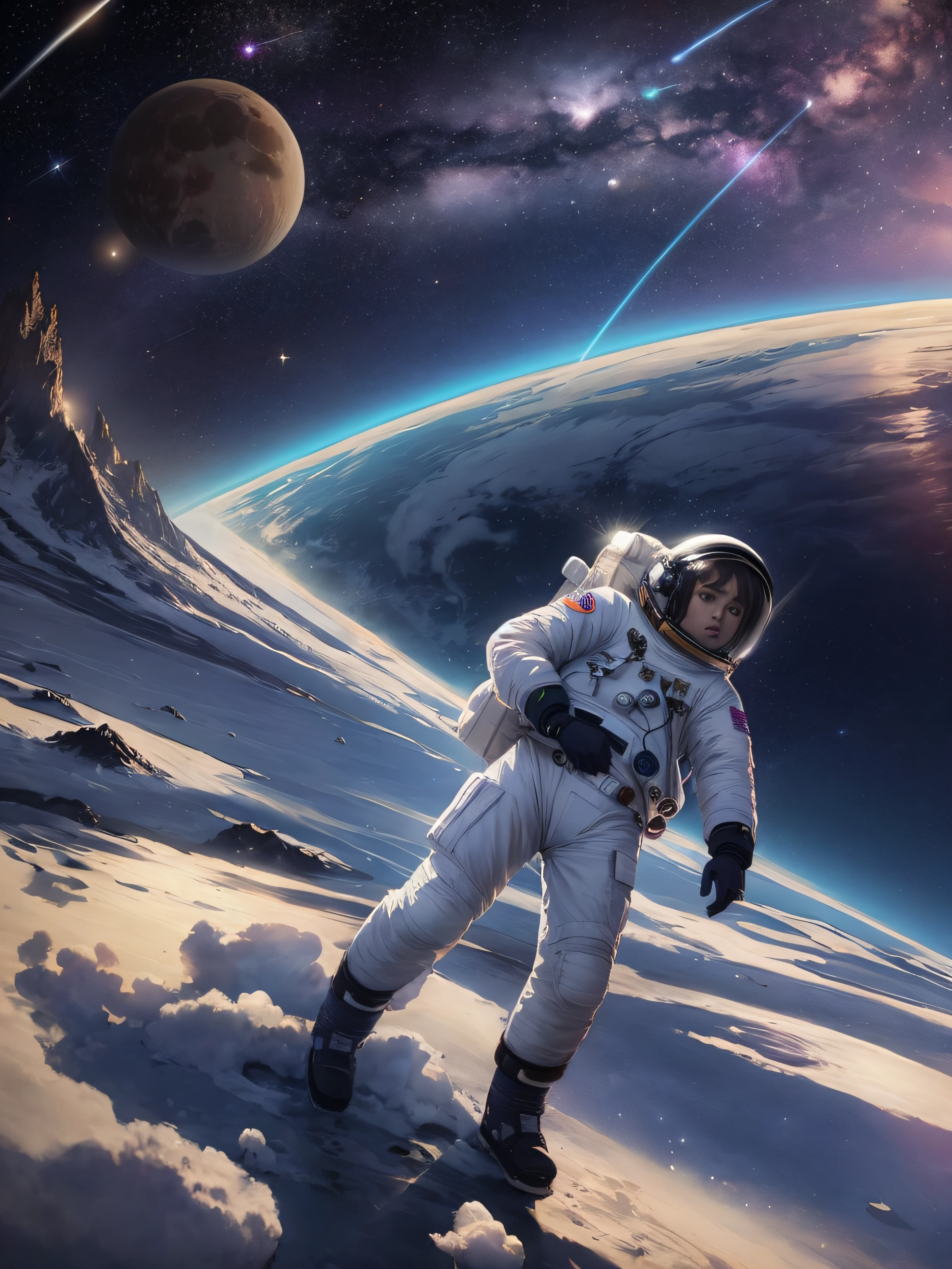 a women，Female astronauts，Astronauts in spacesuits stand on snowy surfaces，A planet in the background, astronaut in space, astronaut lost in liminal space, standing in outer space, space walk scene, amazing wallpapers, astronaut stranded on planet, girl in space, astronaut in space, astronaut on the moon, Space travelling, endless cosmos in the background, astronaut floating in space