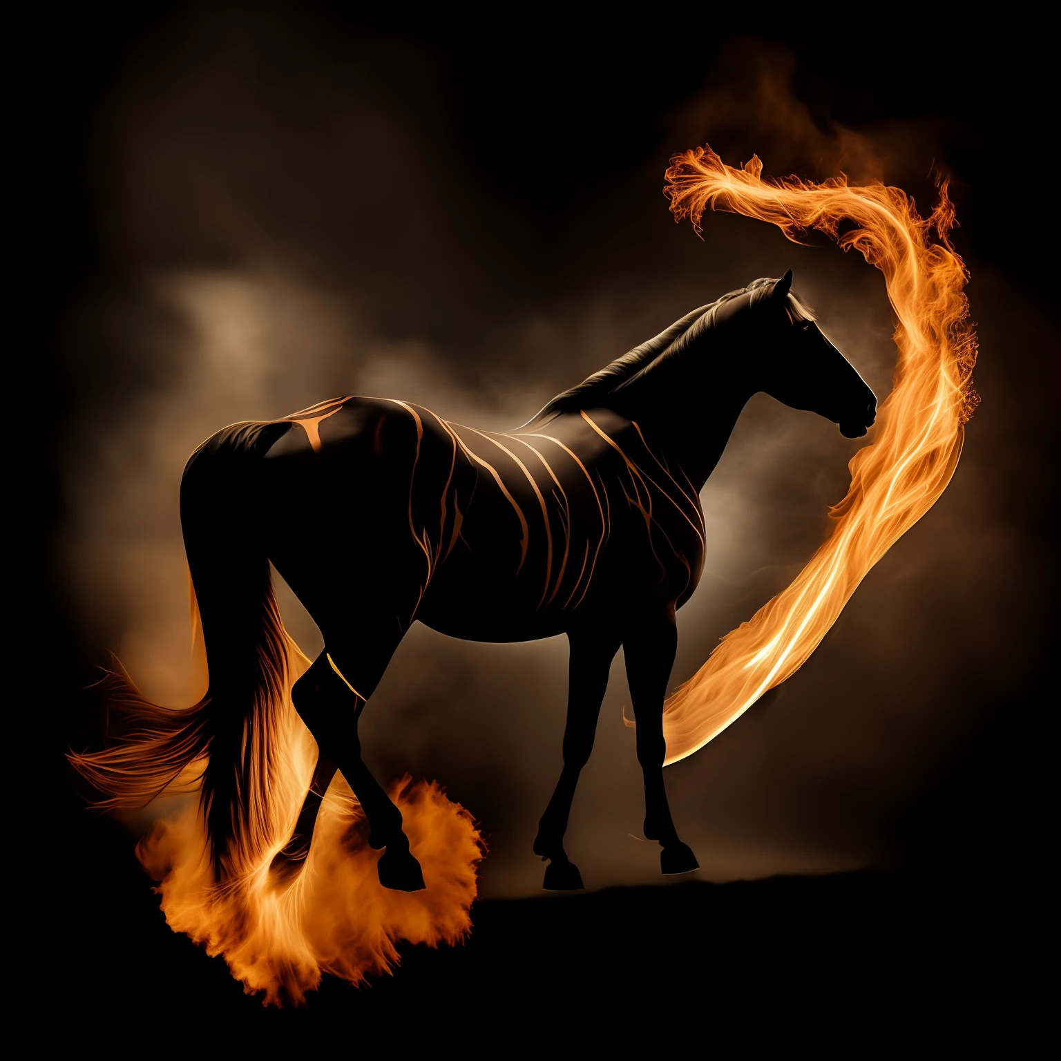 one horse、Photoreality、cinematic lighting、Volumetriclighting、Split lighting shooting in dark atmosphere、Tiger pattern、The tail is like a flame