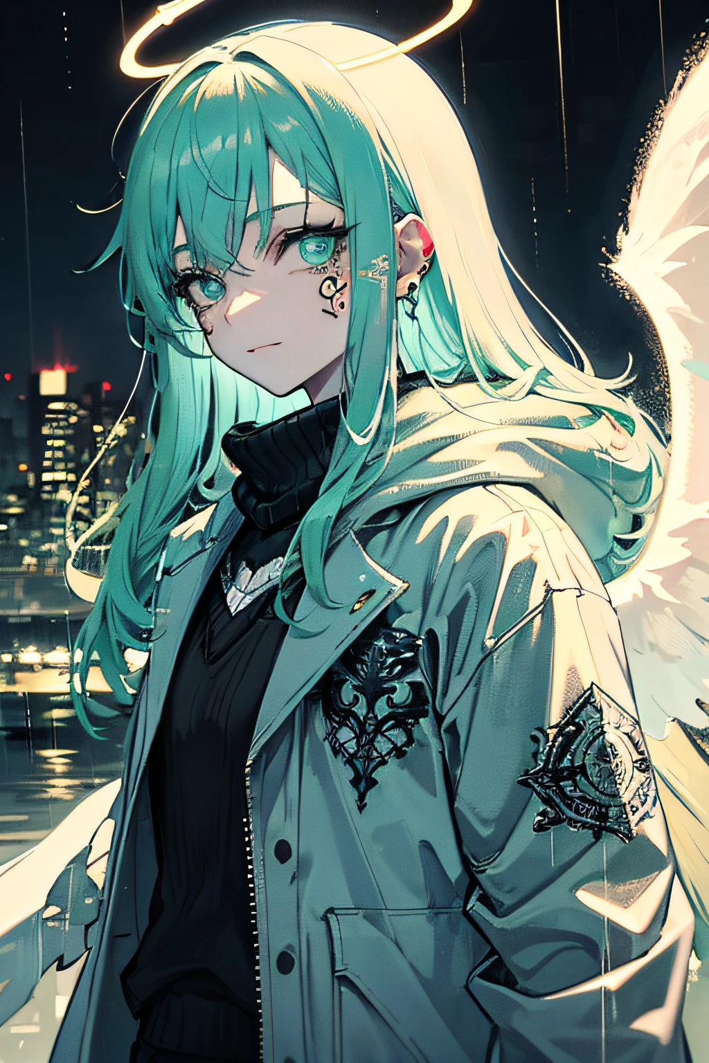 (photorealestic:1.38)、A masterpice、best  quality、(with intricate details:1.2)、(landscapes:1.3)、独奏、facefocus、(close-ups:0.8)、UltraHighResolution、Right Anatomy、Detailed skin、beautifull face、Mint green hair
a 1 girl、Girl in patterned jacket、Detailed anime eyes、(Take a look at Veiwer:1.2)、(face tattoos:1.3)、(tattooed:1.2)、(Black Angel Wings)、Angel halo、
Rainy Cyberpunk Street、Cyberpank、
(Ink wash)、chaos