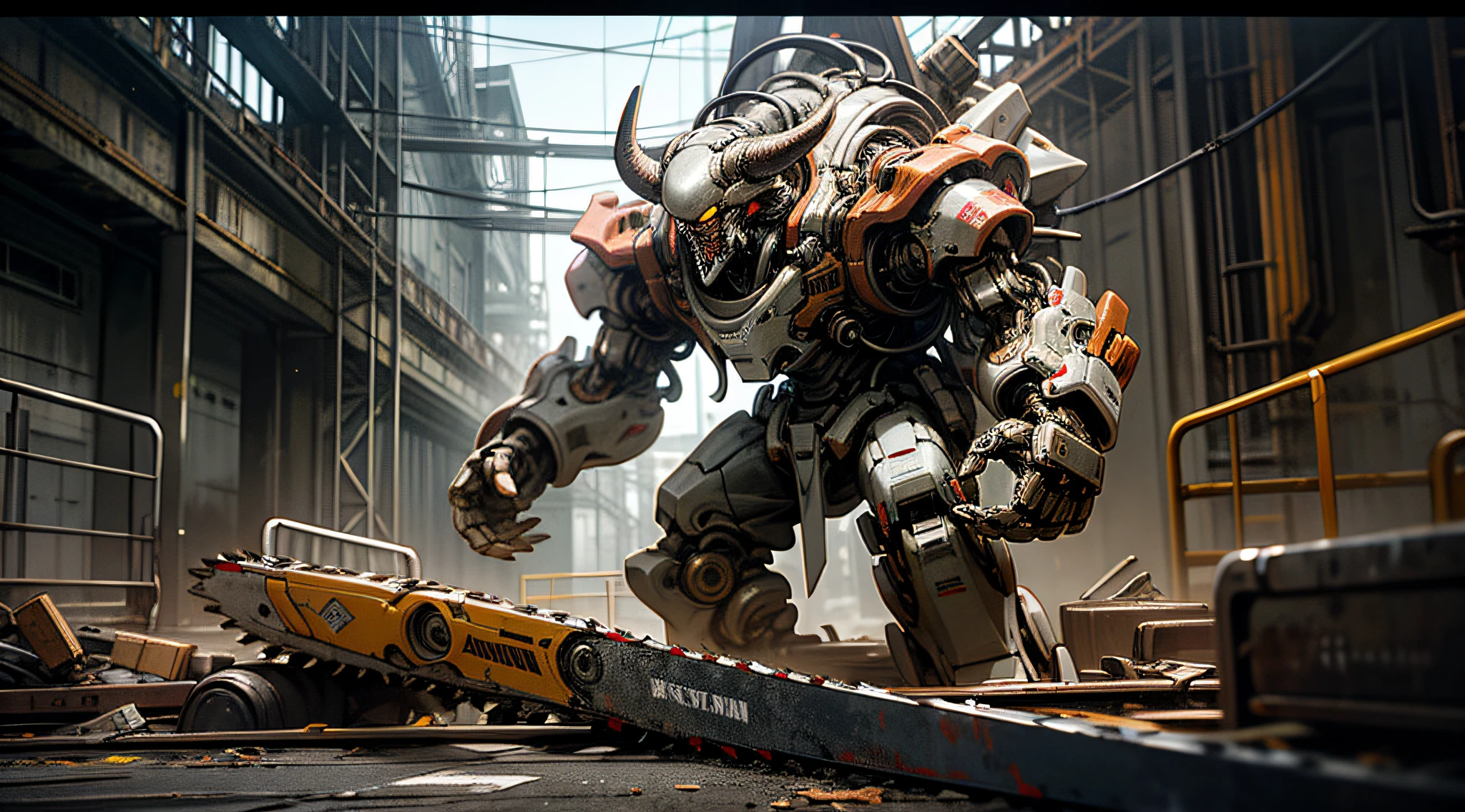 Dark_fantasy,Cyberpunk,(chainsaw,chainsawman,Red:1.1),1人,Mechanical marvel,Robotic presence,Cybernetic guardian,wearing a worn-out mech suit，intricated，（Steel metal[Rust]），elegantly，Clear focus，Photo by Greg Rutkowski，subdued lighting，Bright color，nmasterpiece，（（Streets）），cow-boy shot，dynamicpose，On the left side of the screen