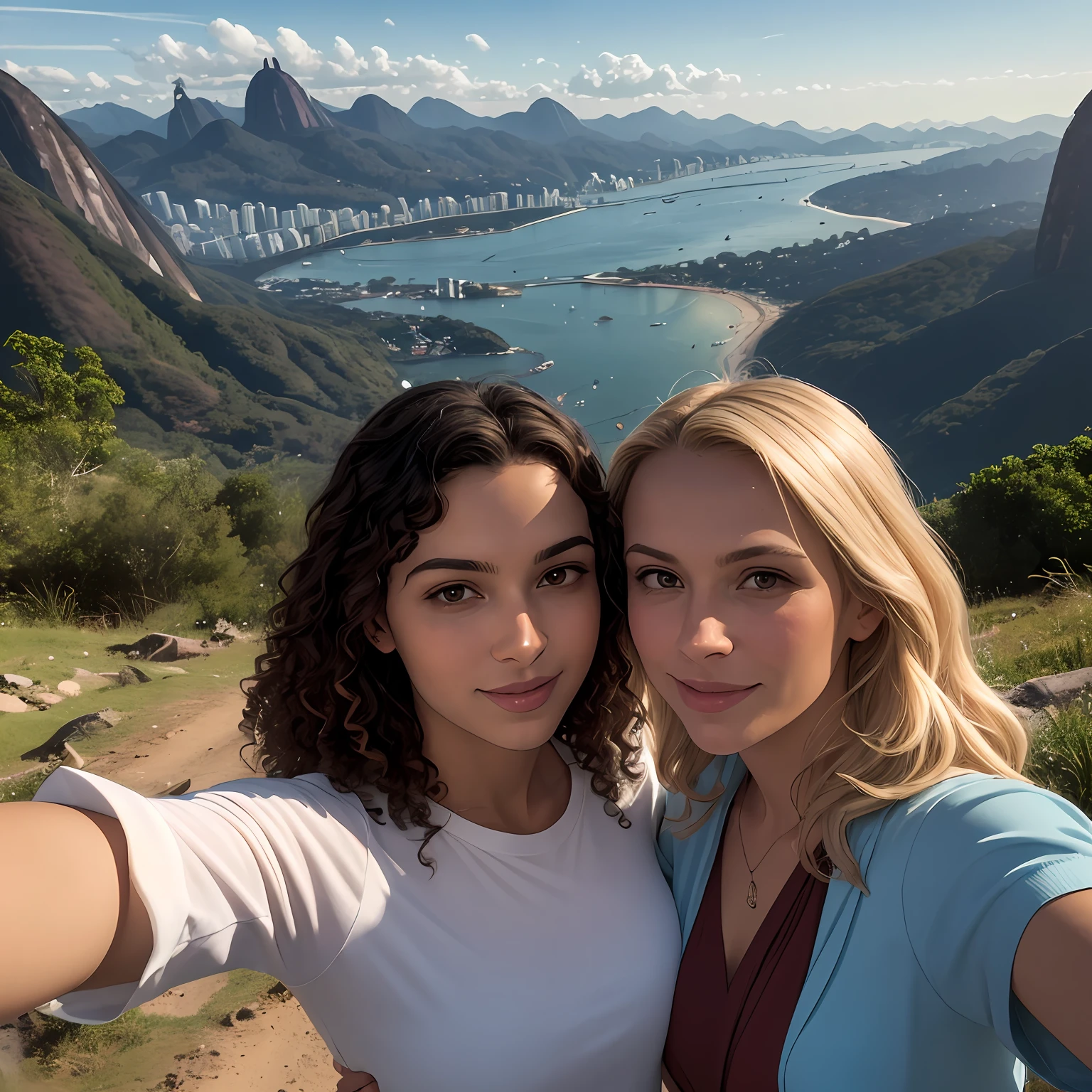 there is a caucasian white man with curly brown hair and blonde swedish woman taking a selfie together, rio de janeiro, with mountains in the background, with mountains in background, david rios ferreira, by Felipe Seade, by Nándor Katona, andrea rocha, malika favre, by Sam Dillemans, caroline gariba, with mountains as background, by Paulus Decker