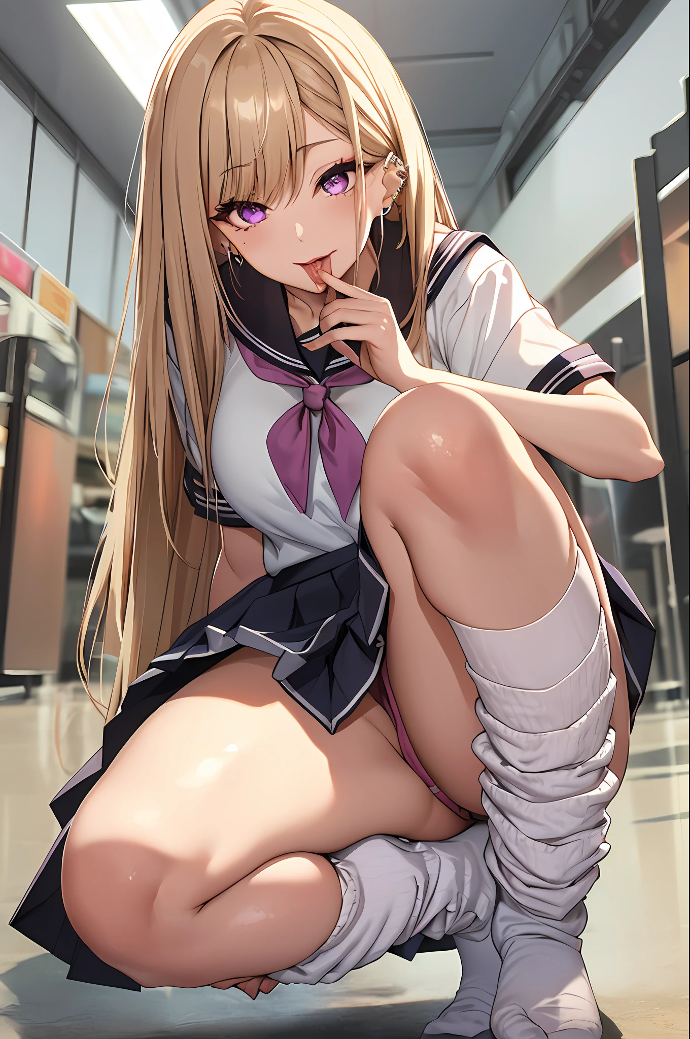 ,巨作, Sharp focus, Delicate Beautiful Hair and Eyes and Face, Realstic, ultra detaild, One woman、Kogal,Good style, somewhat larger breasts, Thin leg,thin-waist,skinny thigh, (Squatting,fellatio_gesture),Smart body,Long straight hair、clong legs、Emphasize your feet、sexy facial expression、Indoors、Dynamic Hair、Long straight hair、Detailed silver hair、Inviting look,Pink eyes、(Sailor suit with short sleeves、Micro Mini Skirt:1.5、pleats skirt、Purple shiny pants)、tucking up the skirt、sandal、White Skin Skin、red nail polish、Long nails、Heart piercing、mole under the eye、((gals、Thick makeup:2.0、Long lashes、erotick、Eyes are hearts、Kissed、Tongue out、red lipsticks))、(((Thick white knee-high loose socks:1.8、tiptoes))、Perspective from above
