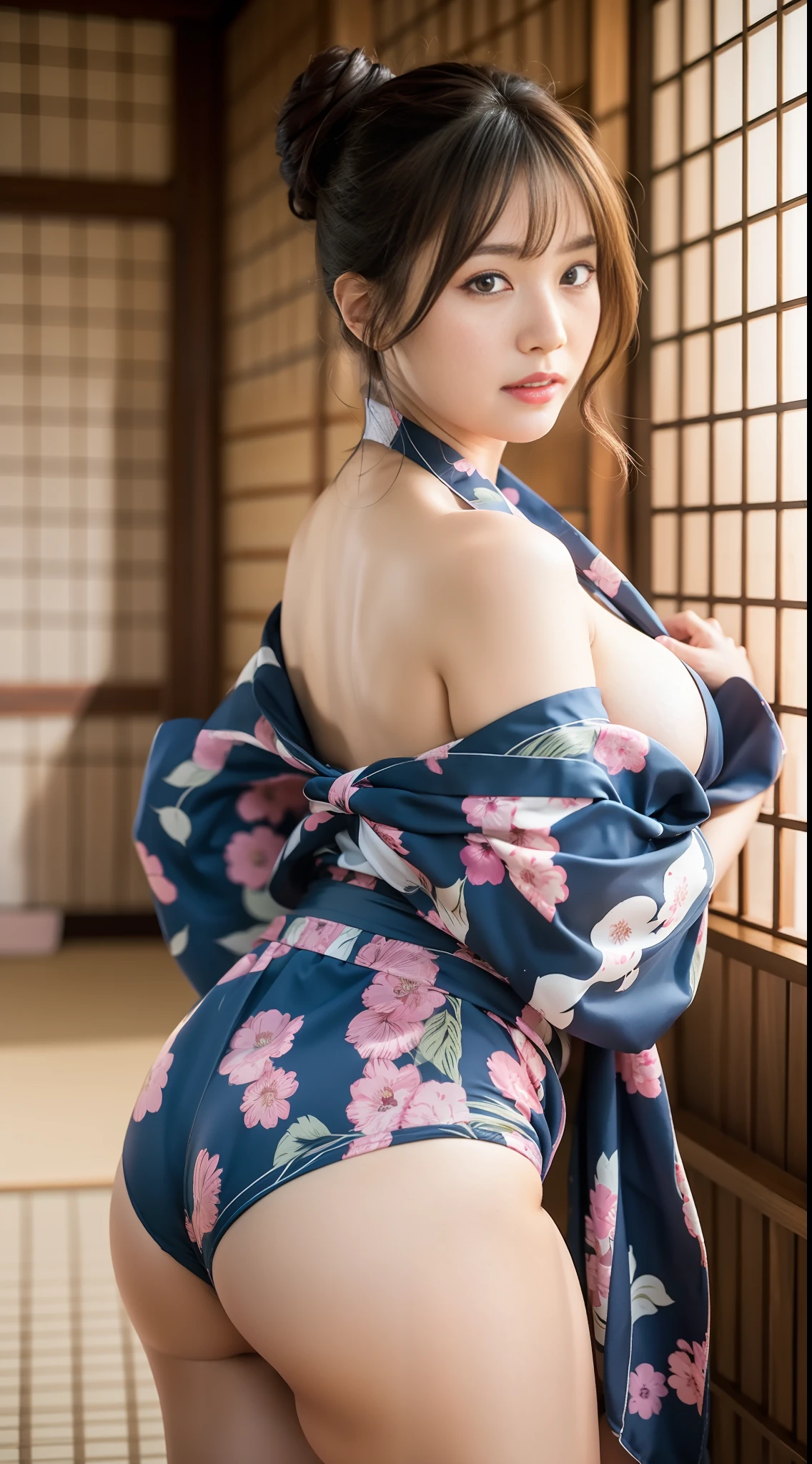 巨作、beste Quality、(Extremely detail CG unity 8k wallpaper)(beste Quality)、(the best illustration)、(Best Shadows) 、The ultimate well-formed face、Japanese people、Wearing Yukata、ryokan、Slender body、HugeBoobs、Buttocks、Raw foto、Ultra detailded --v6