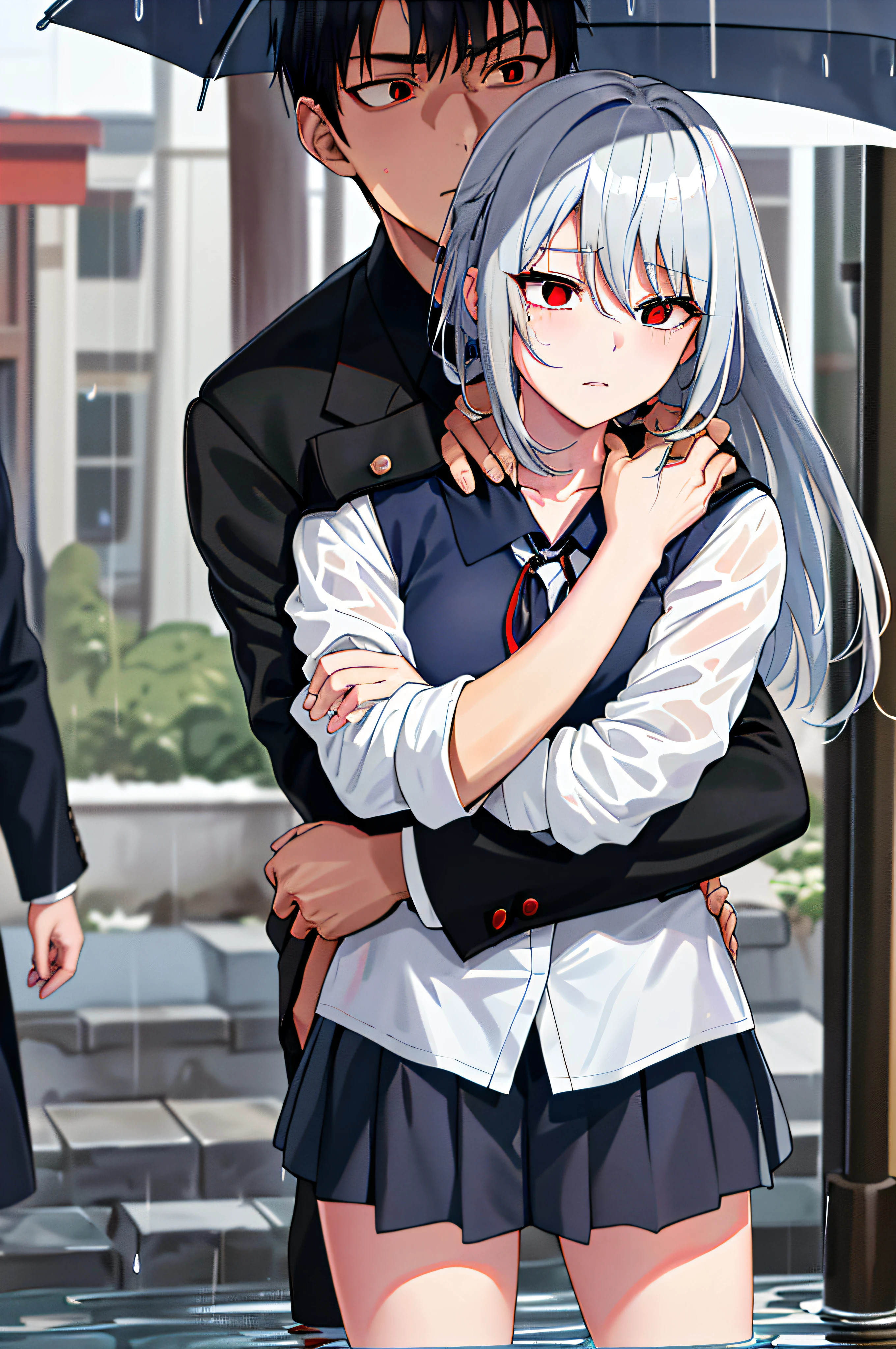 (masterpiece), (best quality), highres, ((((1girl she has gray hair with blue eyes and 1boy he has short black hair with red eyes who are classmates))))), ((((They have different hair colors and eyes do not confuse)))), (draws Kei and kiyotaka ayanokoji looking at each other), (2schoolmates who are Kei and kiyotaka ayanokoji looking at each other), (kei1), (1girl), solo, ((((she has blue eyes)))), (she has long hair), (she wears a school uniform), (she has ribbon), (she has bangs), collarbone, she has gray hair, she has black hair band, she has neck ribbon, hair between her eyes, she has medium breasts, cowboy shot, she is looking seriously at kiyotaka ayanokoji, anatomically correct whole body, is standing in the street with rain falling, this with a sad and worried face, full stubborn detached, (1boy), (kiyotaka ayanokoji), 15 year old, school uniform white shirt black jacket open jacket red tie long black pants sitting, (((((he has red eyes))))), ((he has short black hair)), whole body anatomically correct, he has a necklace of jesus around his neck, normal legs, wears black shoes, (he's looking at Kei1 or the girl), ((he's in front of kei wanting to give her his black jacket so she doesn't get wet so much)) , is facing Kei, (emotional scene), (mysterious), (detailed full escenario), (((((They're soaking with a lot of passion and hugging))))), ((((They're being wet by the rain along with their clothes))))