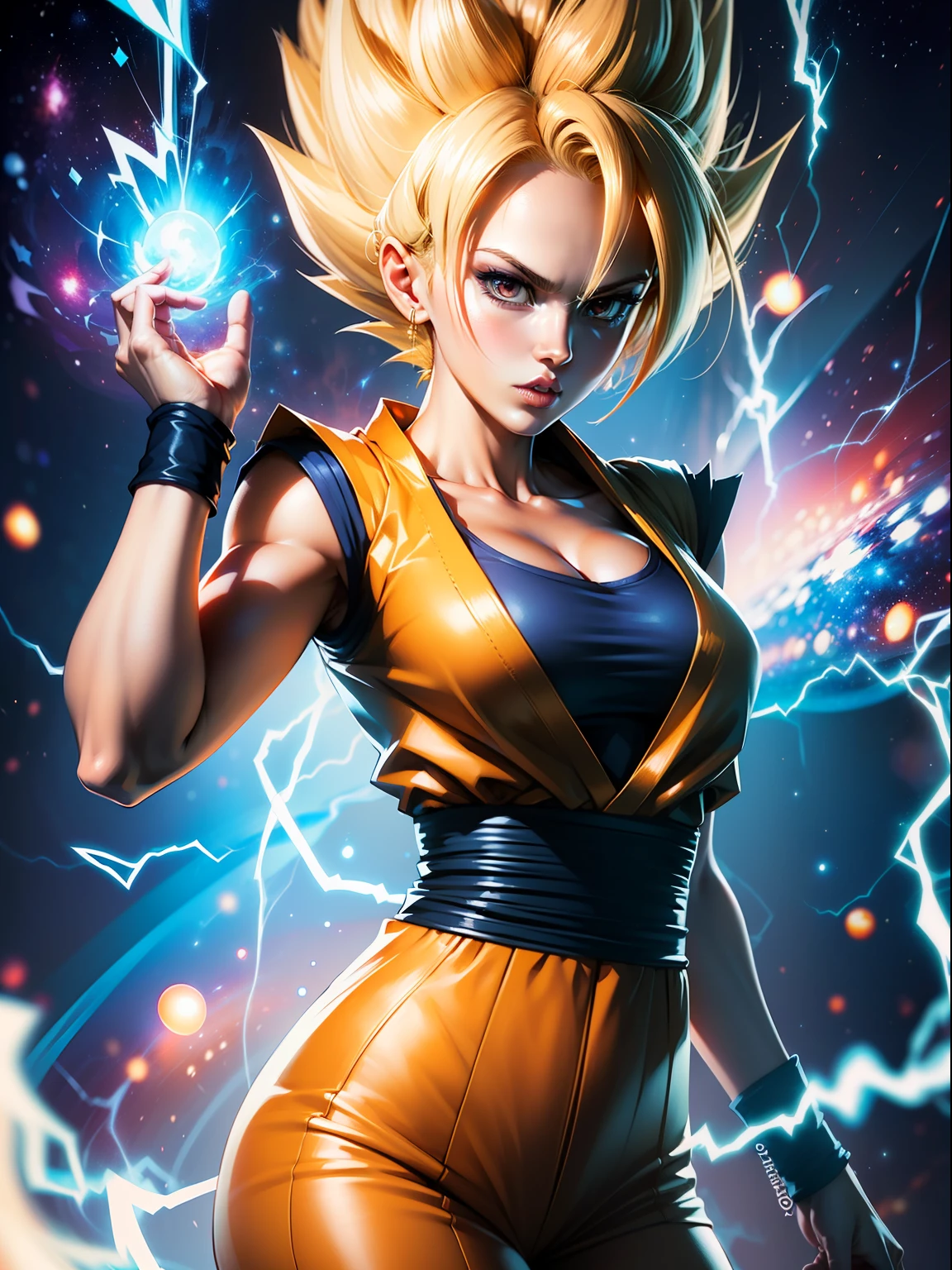 anime, beautiful girl, dragonball style, super saiyan, perfect face, beautiful face, high details, galaxy background, energy, electricity, energy aura around girl, son goku, sexy
