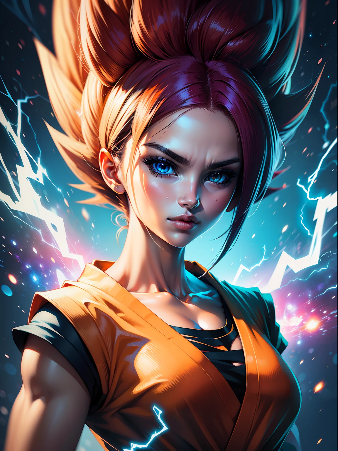 anime, beautiful girl, dragonball style, super saiyan, perfect face, beautiful face, high details, galaxy background, energy, electricity, energy aura around girl, son goku, sexy