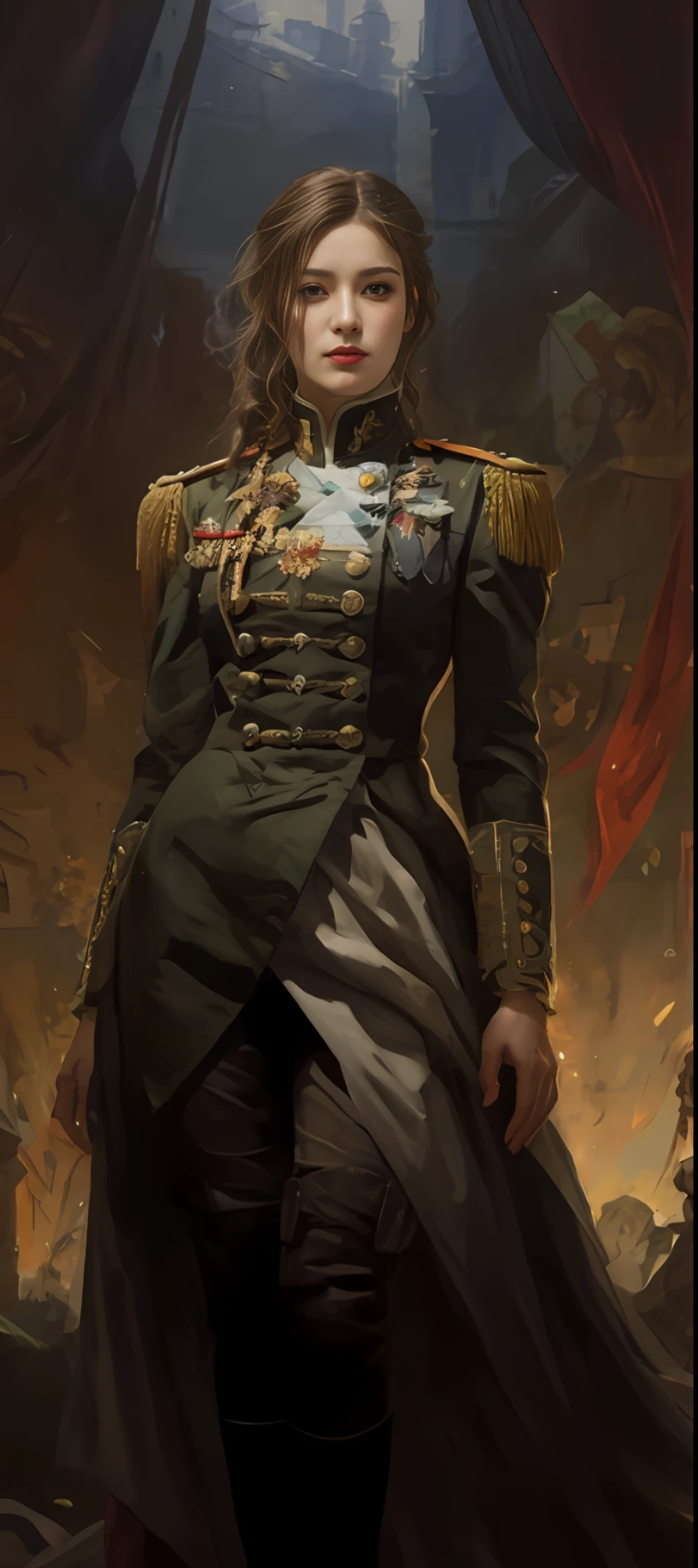 （nmasterpiece：2），最佳质量，high resolucion，Unity 8k wallpaper，intensely detailed，Perfect litthing, Look at Audience，独奏，see- through，A full body，Photorealistic photos，a woman in a military uniform standing in front of a crowd, Valentina Shuffle, astri lohne, krenzcushart, portrait of a mad general, alexandra fomina artstation, style of raymond swanland, author：Conrad Krafick, surikov, gilded black uniform, epic exquisite character art, inspired by Victor Mosquera
