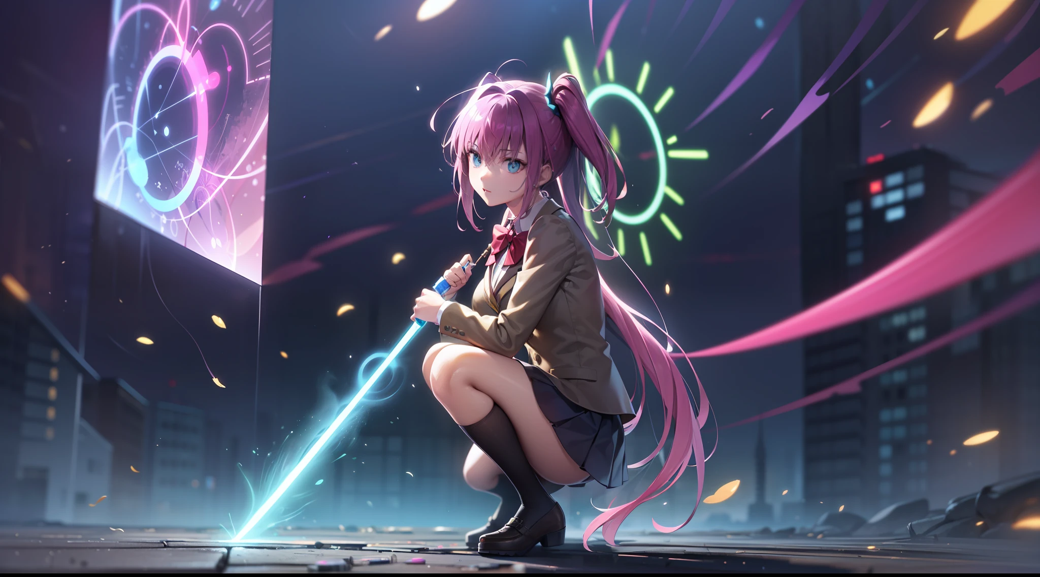 (Digital artwork:1.3),(a sketch:1.1)((Octane rendering)),City Street,High-rise tail alley,(Girl magician,JK school uniform,Close up of),((Thunder magic)),((A huge glowing magic array under your feet)),((Complex luminous runes)),Realistic digital painting portrait,shot at 8k resolution,Gasoline liquid,color pastel,splashart,Magical universe of pink and blue and purple,Lithography in intricate details,(light particules:1.2),(game concept:1.3),(deep of field:1.3),Global illumination,with rich details,Trends on ArtStation,((illustrious)),ultra fine,16K resolution