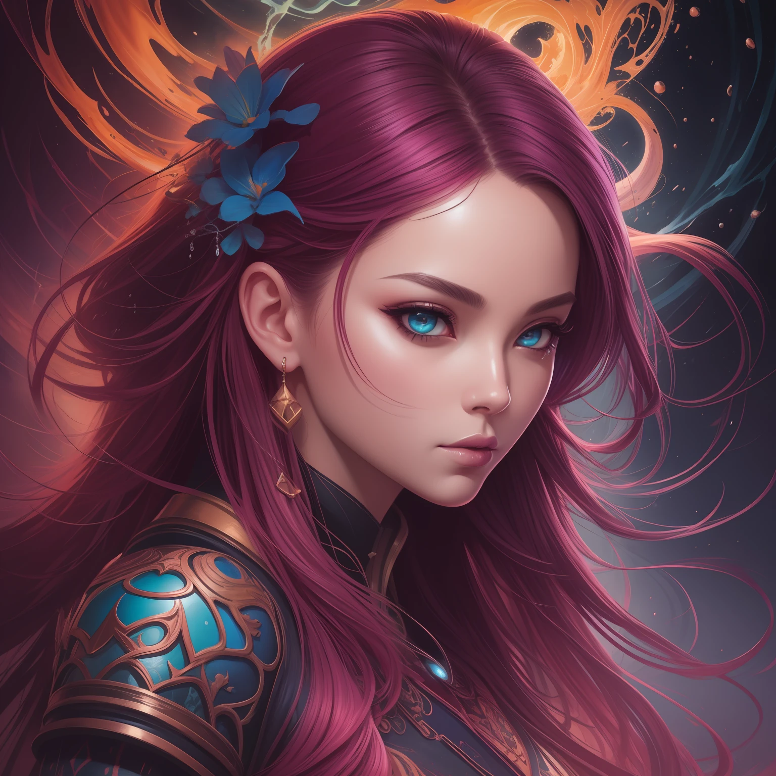Astral Escape! Splash art, portrait of Vietnamese, red indigo haired Vietnamese, StarCraft Inspired, epic, artstation, splash style of colorful paint, contour, hyperdetailed intricately detailed, fantasy, unreal engine, fantastical, intricate detail, splash screen, complementary colors, fantasy concept art, 16k resolution, deviantart masterpiece, oil painting, heavy strokes, paint dripping, splash arts, neon ambiance, muted colors, watercolor style, filigree detailed, rim lighting, magic, surreal, fantasy, ultra, realistic, sharp features, highly detailed, sharp focus, muted colors, perfect face, perfect eyes, perfect full lips, supple female form, vivid, cinematic, Film light, Hyper detailed, Hyper realistic, masterpiece, atmospheric, high resolution, vibrant, dynamic studio lighting, wlop, Glenn Brown, Carne Griffiths, Alex Ross, artgerm and james jean. spotlight, tilt shift camera.
