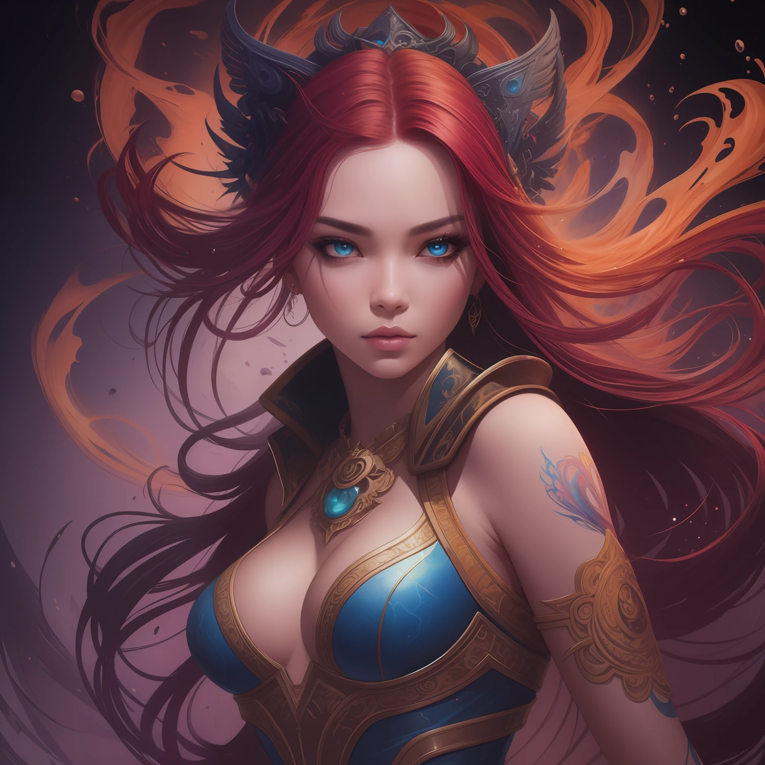 Astral Escape! Splash art, portrait of Vietnamese, red indigo haired Vietnamese, StarCraft Inspired, epic, artstation, splash style of colorful paint, contour, hyperdetailed intricately detailed, fantasy, unreal engine, fantastical, intricate detail, splash screen, complementary colors, fantasy concept art, 16k resolution, deviantart masterpiece, oil painting, heavy strokes, paint dripping, splash arts, neon ambiance, muted colors, watercolor style, filigree detailed, rim lighting, magic, surreal, fantasy, ultra, realistic, sharp features, highly detailed, sharp focus, muted colors, perfect face, perfect eyes, perfect full lips, supple female form, vivid, cinematic, Film light, Hyper detailed, Hyper realistic, masterpiece, atmospheric, high resolution, vibrant, dynamic studio lighting, wlop, Glenn Brown, Carne Griffiths, Alex Ross, artgerm and james jean. spotlight, tilt shift camera.