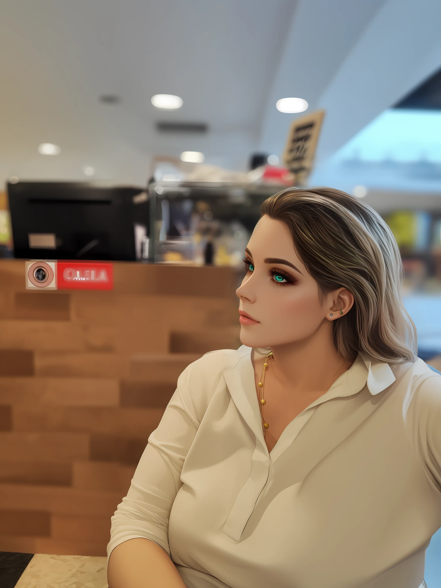 Mulher linda 20 anos, olhos verdes, estilo neon, detalhes intrincados, realista, 8k