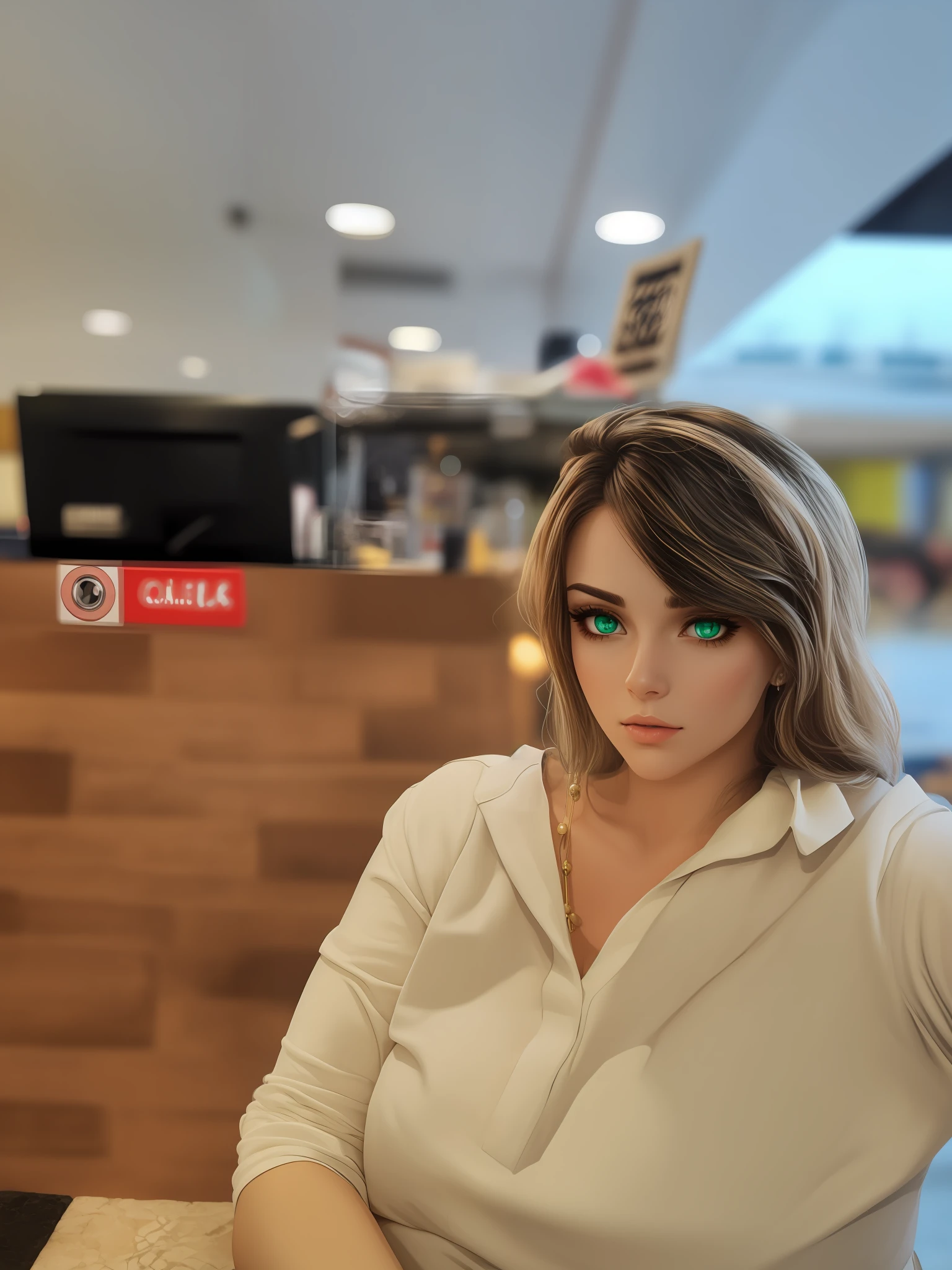Mulher linda 20 anos, olhos verdes, estilo neon, detalhes intrincados, realista, 8k