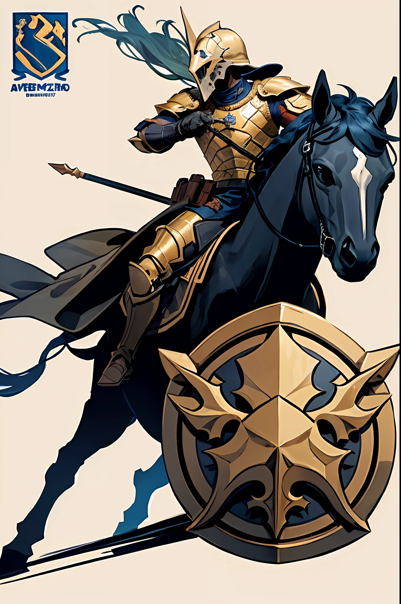 there is a man riding a horse with a shield on it, Cavalo Guerreiro, armadura dourada e brilhante de cobre, JC Leyendecker e Sachin Teng, Paladino masculino, cavalo, paladino fantasia, paladino de ouro, cavaleiro da fantasia, Armadura preta e dourada, (((cavalo))), cavaleiro a cavalo, Armadura preta e dourada, Armadura Obsidiana de Ouro