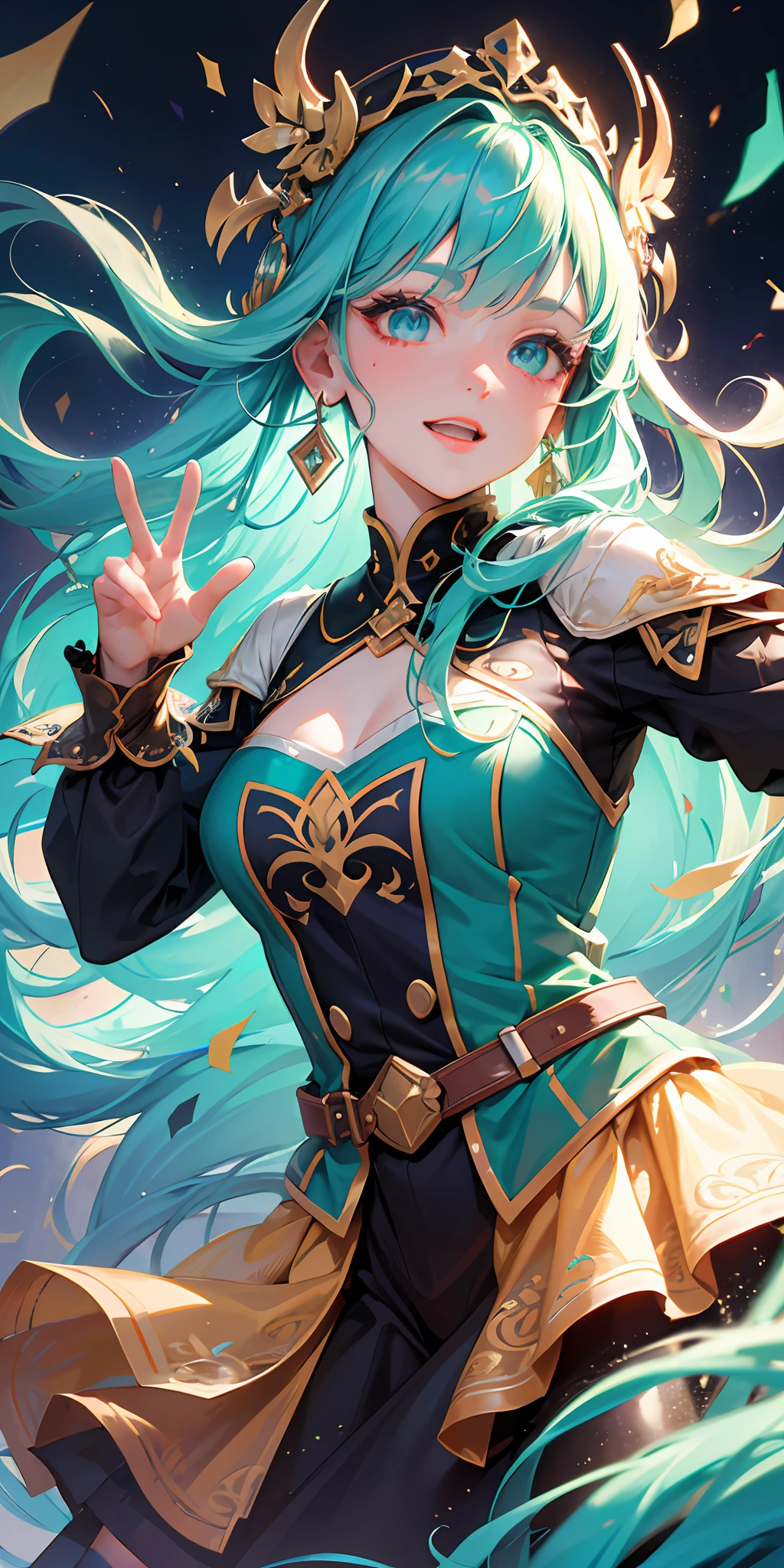 (absurdres, highres, ultra detailed), 1woman, mature female, aged up, wavy long hair, green hair, turquoise eyes, bangs, long sleeves, finely detailed eyes and detailed face, extremely detailed CG unity 8k wallpaper, intricate details, looking at viewer, solo, (full body:0.6), detailed background, detailed face, (medieval high fantasy theme:1.1), medieval fantasy (bard:0.8), happy expression, dancing, dynamic pose, colorful ruffled clothes, music, joyful atmosphere, tavern, music, celebration, music emanating, floating musical notes, musical notes, party, performance,, portrait