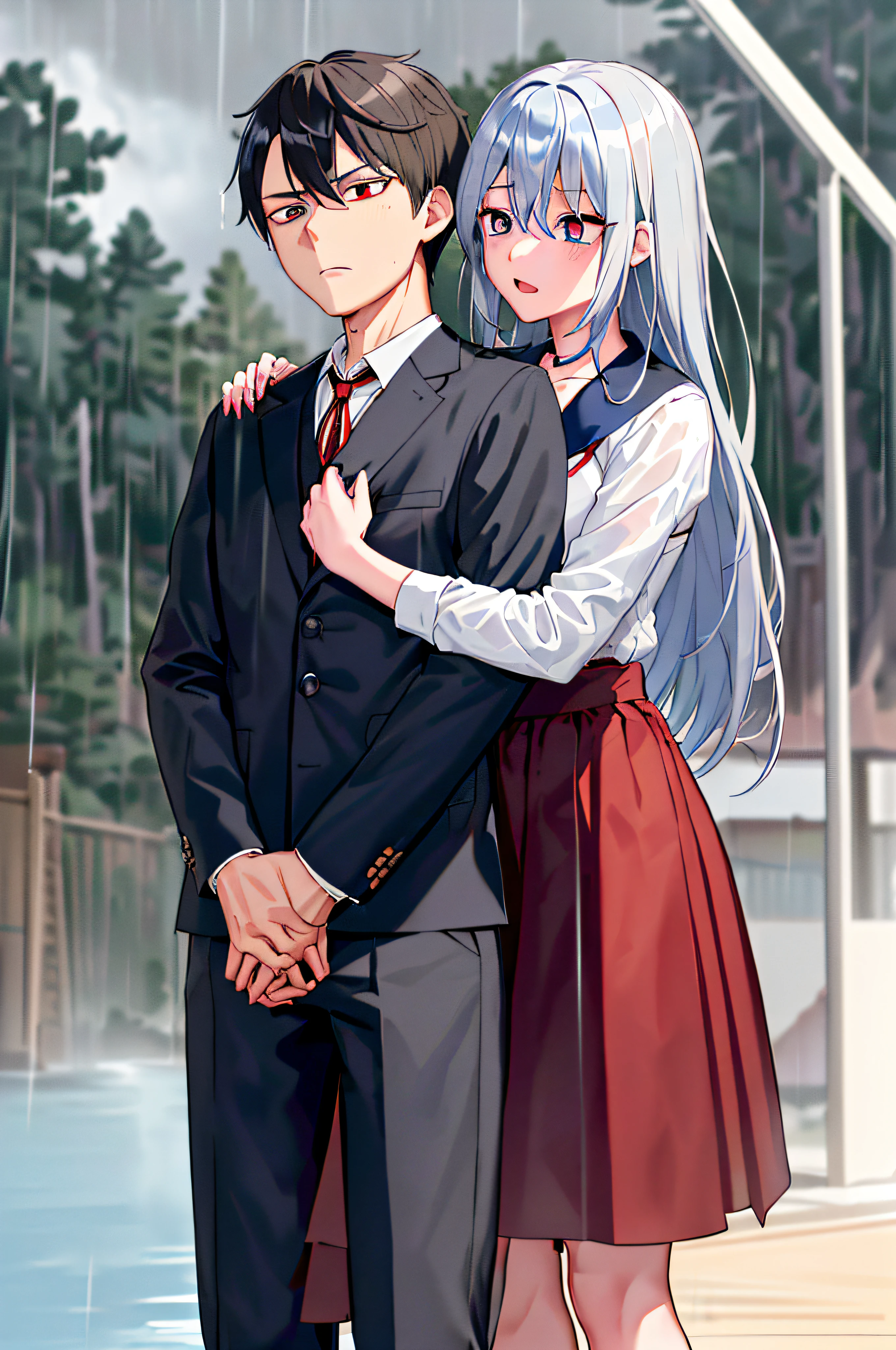 (masterpiece), (best quality), highres, ((((1girl she has gray hair with blue eyes and 1boy he has short black hair with red eyes who are classmates))))), ((((They have different hair colors and eyes do not confuse)))), (draws Kei and kiyotaka ayanokoji looking at each other), (2schoolmates who are Kei and kiyotaka ayanokoji looking at each other),  (kei1), (1girl), solo, ((((((she has blue eyes))))), (she has long hair), (she wears a school uniform), (she has ribbon), (she has bangs), collarbone, she has gray hair, she has black hair band, she has neck ribbon, hair between her eyes, she has medium breasts, cowboy shot, she is looking seriously at kiyotaka ayanokoji,  anatomically correct whole body, is standing in the street with rain falling, this with a sad and worried face, full stubborn detached, (1boy), (kiyotaka ayanokoji), 15 year old, school uniform white shirt black jacket open jacket red tie long black pants sitting, (((((he has red eyes))))), ((he has short black hair)), whole body anatomically correct, he has a necklace of jesus around his neck,  normal legs, wears black shoes, (he's looking at Kei1 or the girl), ((he's in front of kei wanting to give her his black jacket so she doesn't get wet so much)) , is facing Kei, (emotional scene), (mysterious), (detailed full escenario), (((((They're soaking with a lot of passion and hugging))))), ((((They're being wet by the rain along with their clothes)))),  ((Their bodies are anatomically correct and detailed without error))