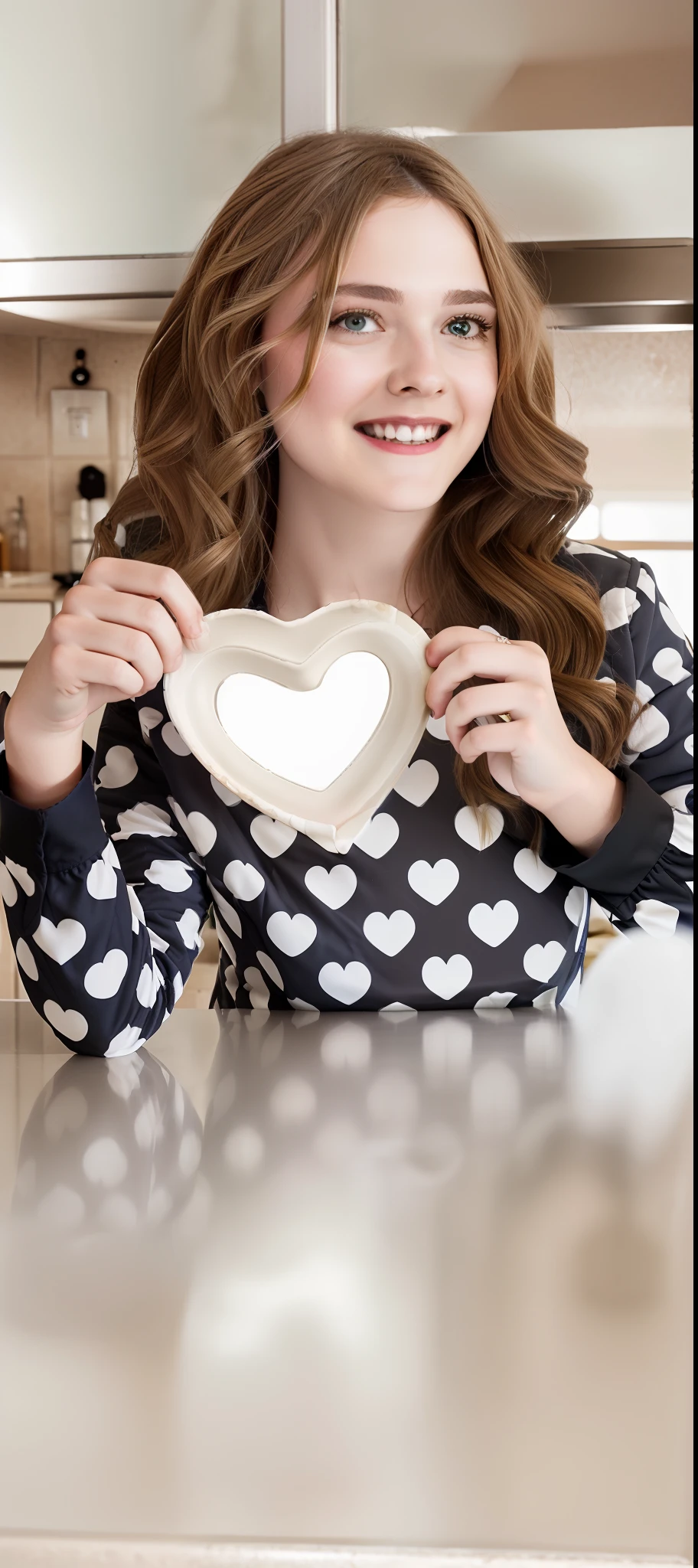 smiling woman holding a heart shaped cookie pan in a kitchen, arte mista, Photo Session, bolinhas, muito superdotado, tutorial, inspired by Gina Pellón, closeup - view, feito profissionalmente, black and white with hearts, colher colocada, bottom angle, com uma cara de bundt bundt pan, visual deslumbrante, inspired by Almada Negreiros