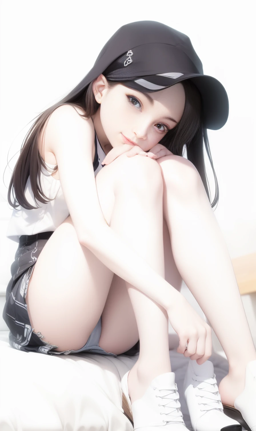 The Arafed woman sat on the bed，legs crossed, beautiful anime girl squatting, Smooth anime CG art, beautiful alluring anime teen, the anime girl is crouching, Beautiful anime girl, attractive anime girls, Cute anime girl, guviz style artwork, seductive anime girls, (animegirl), pretty anime girl, photorealistic anime girl rendering